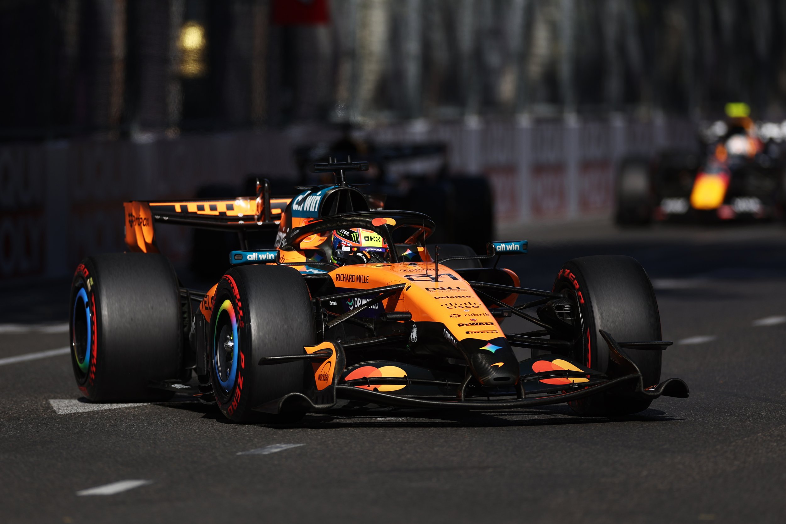 Oscar Piastri’s McLaren on track at the 2026 Azerbaijan Grand Prix, with another car behind.