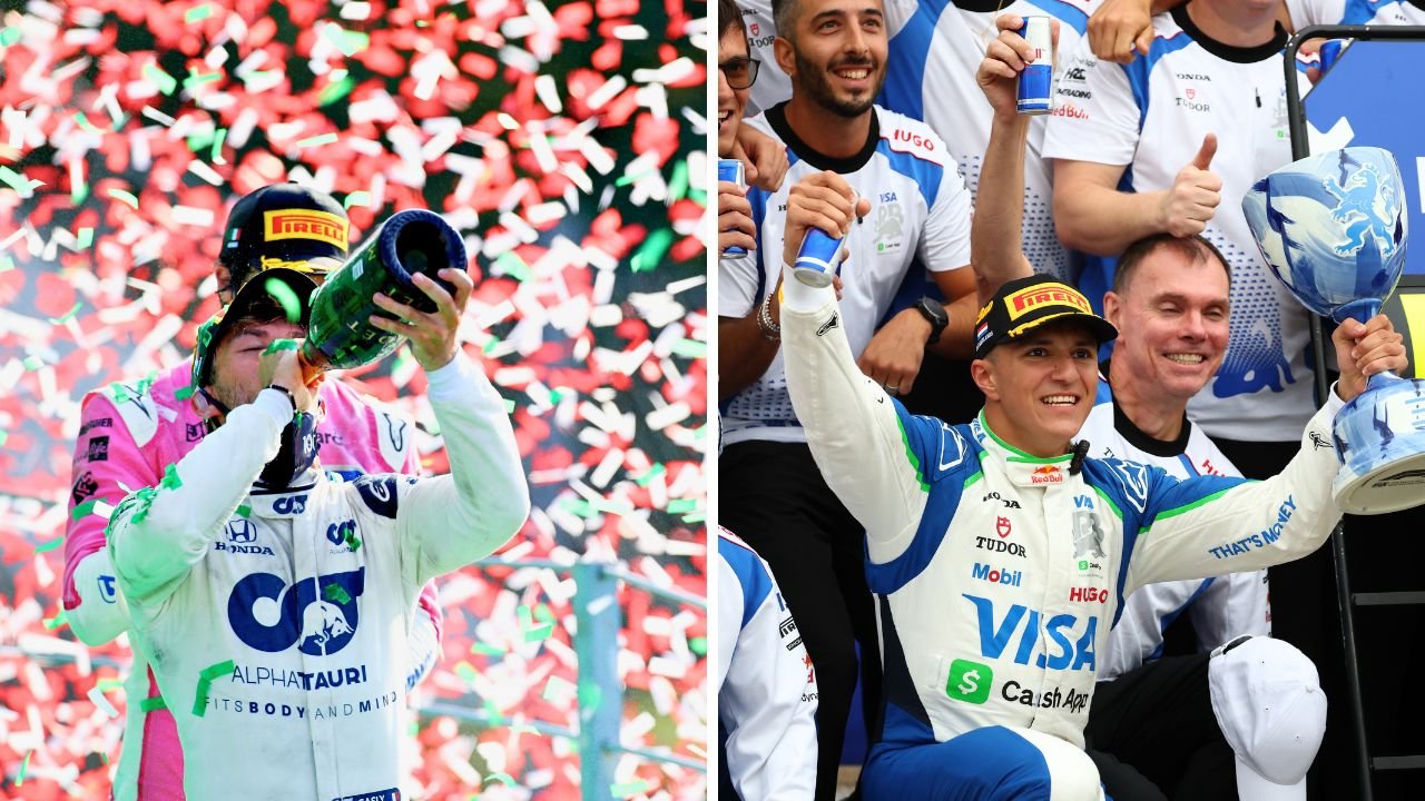 Racing Bulls and AlphaTauri podium moments shown side by side, highlighting the team’s evolution in Formula 1.