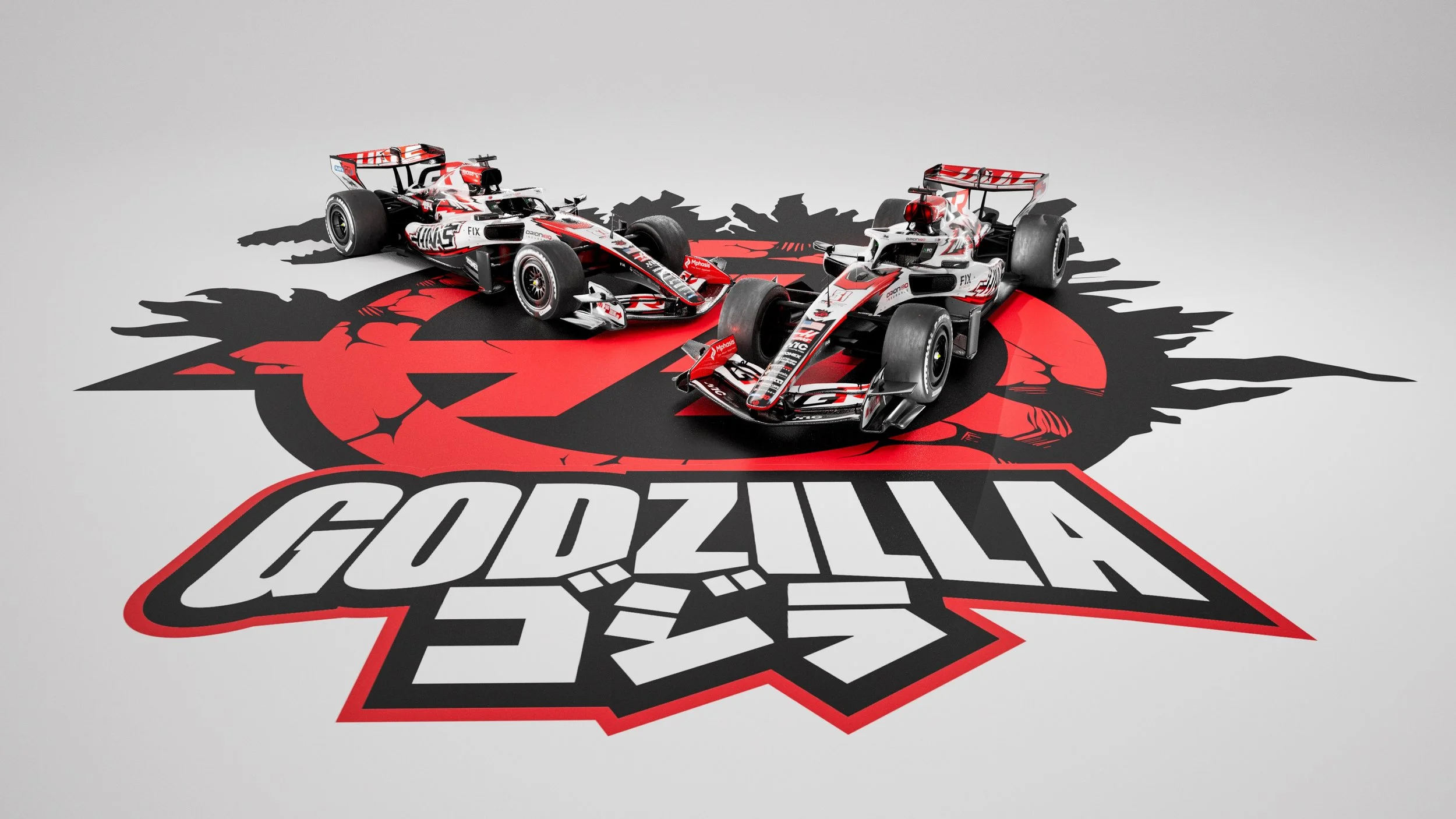 TGR Haas F1 Team cars with Godzilla branding on a custom livery, Formula 1 Japanese Grand Prix 2026 collaboration