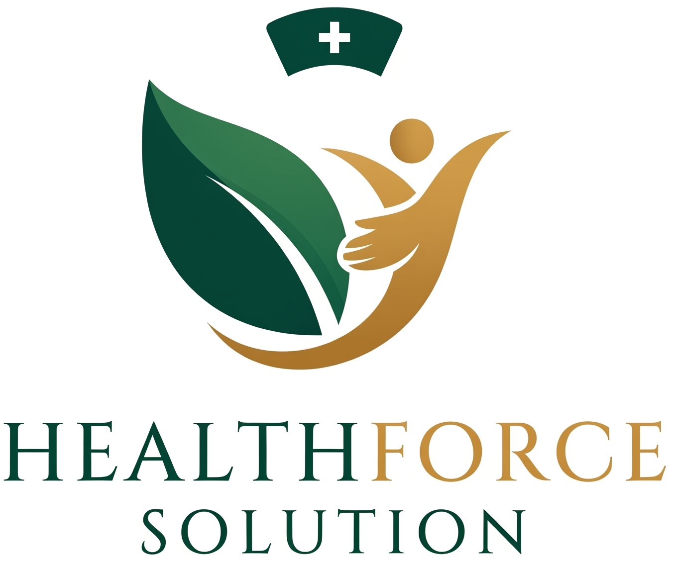 Logo for Health Force Solution featuring a stylized person with arms raised, green leaves on the left, and a brown circular element, with a medical cross at the top.