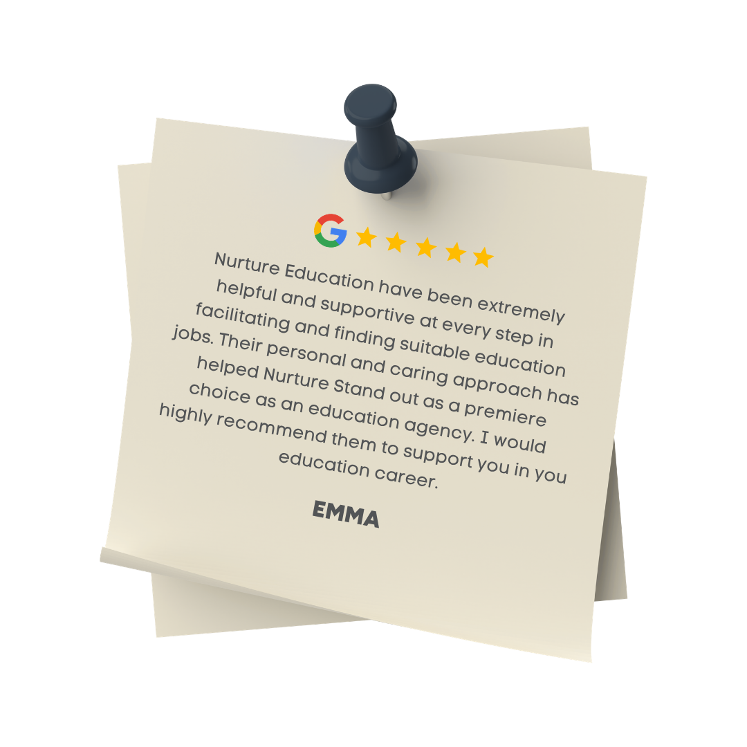 Customer review with five stars, Google logo, and a positive testimonial for Nurture Education by Emma K.