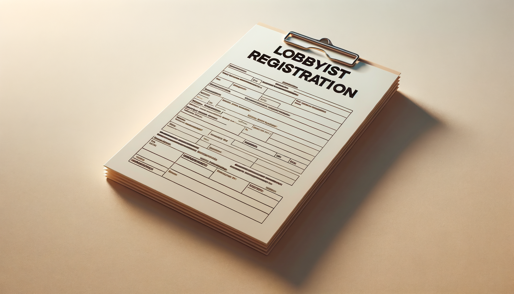 A clipboard holding a stack of forms titled 'Lobbyist Registration' on a beige surface.