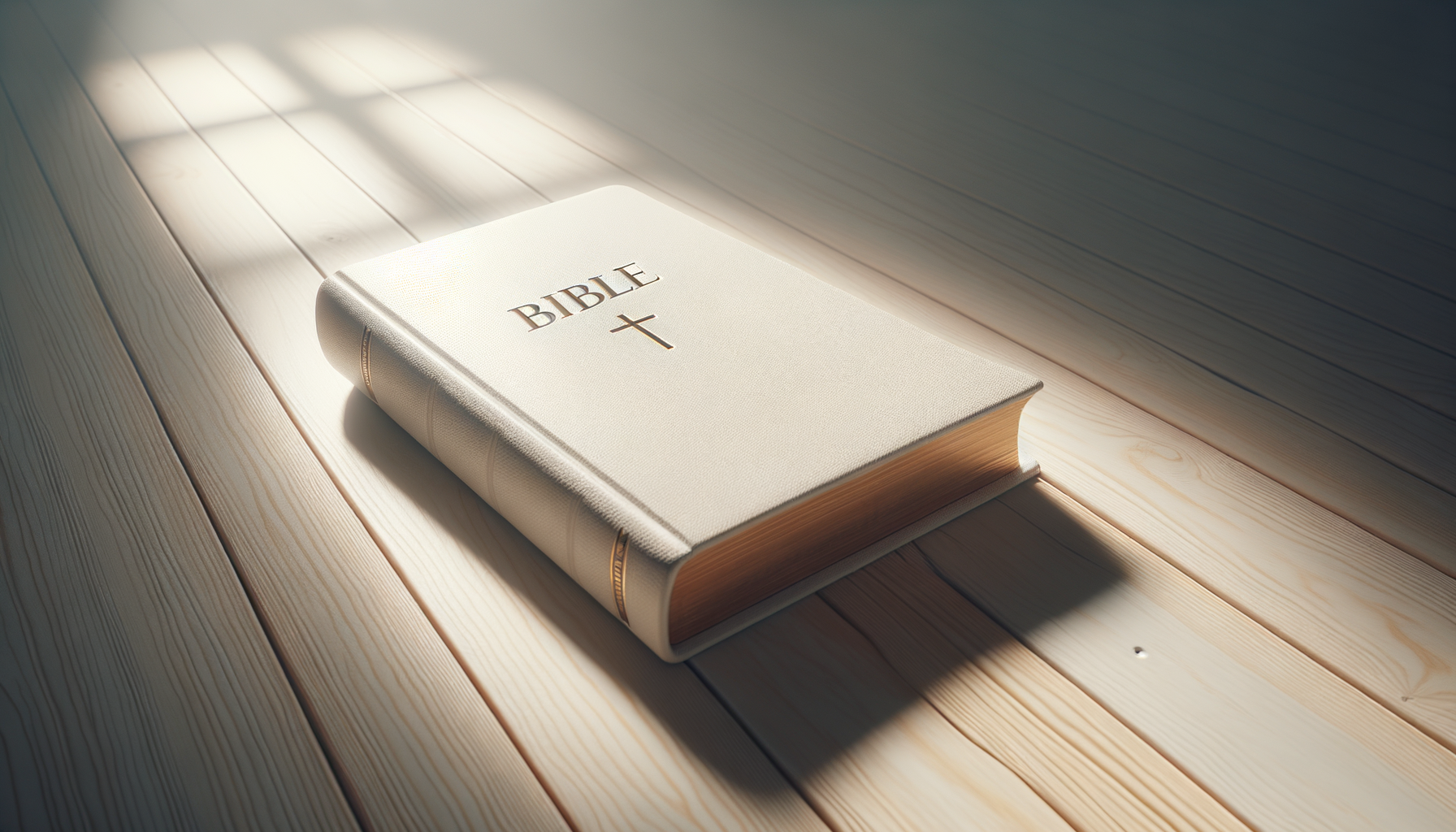 A closed white hardcover Bible with a cross on the front cover, resting on a wooden floor with scattered sunlight.