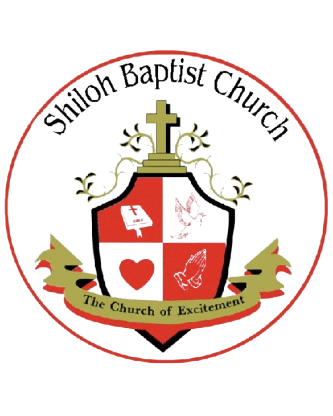 Logo of the Shiloh Baptist Church, featuring a shield with a heart, dove, and praying hands, surrounded by a cross and decorative elements, with the motto "The Church of Excitement."