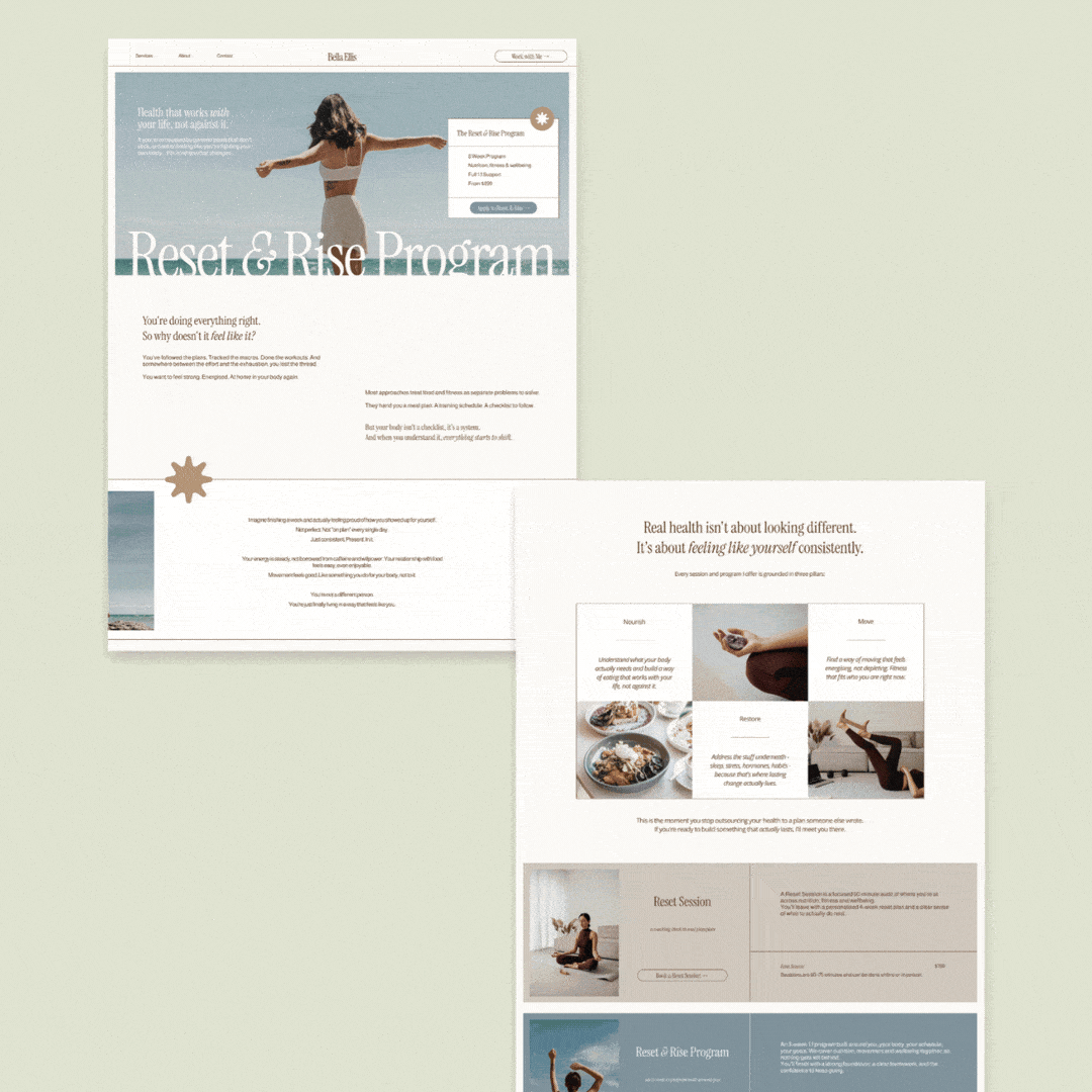 Two screenshots of a website promoting a health and wellness program called 'Reset & Rise Program.' The main page features a woman stretching outdoors with a clear sky in the background. The second page displays information about feeling like yourself again through nourishing, moving, and restoring activities, with images of food, meditation, and exercise.