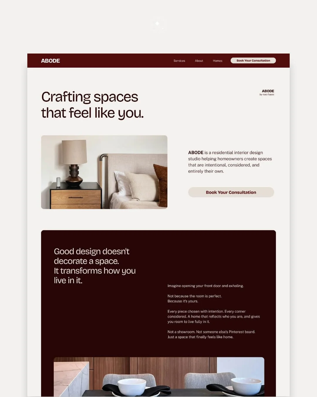 Webpage for ABODE interior design studio showcasing furniture and interior decor, with sections for services and consultation booking.