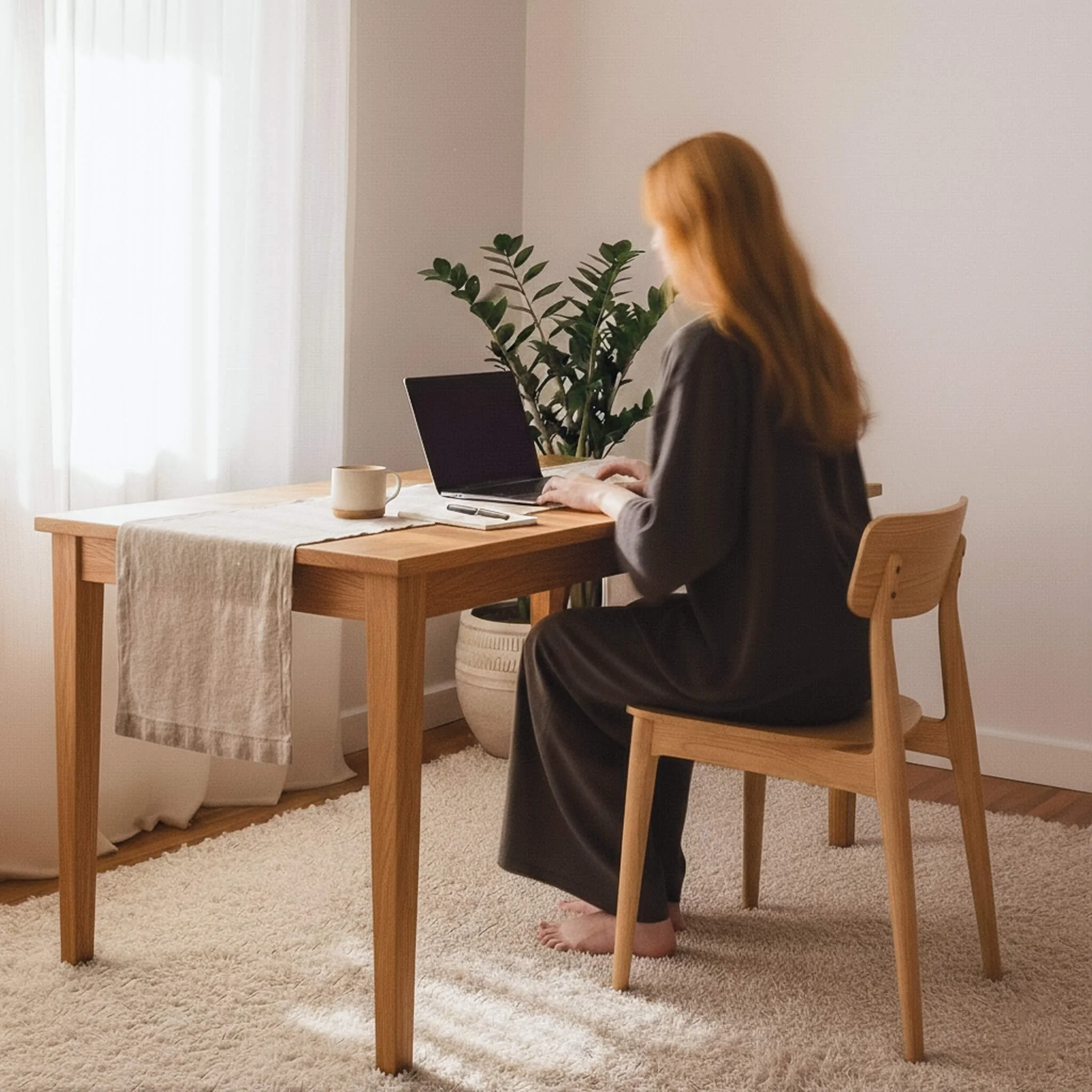 A woman with red hair sitting barefoot at a wooden table, working on a laptop. There is a beige mug, a white plate, and a scenic phone on the table. Behind her, a large green potted plant is near a window with light curtains, and the setting appears cozy and minimalistic.