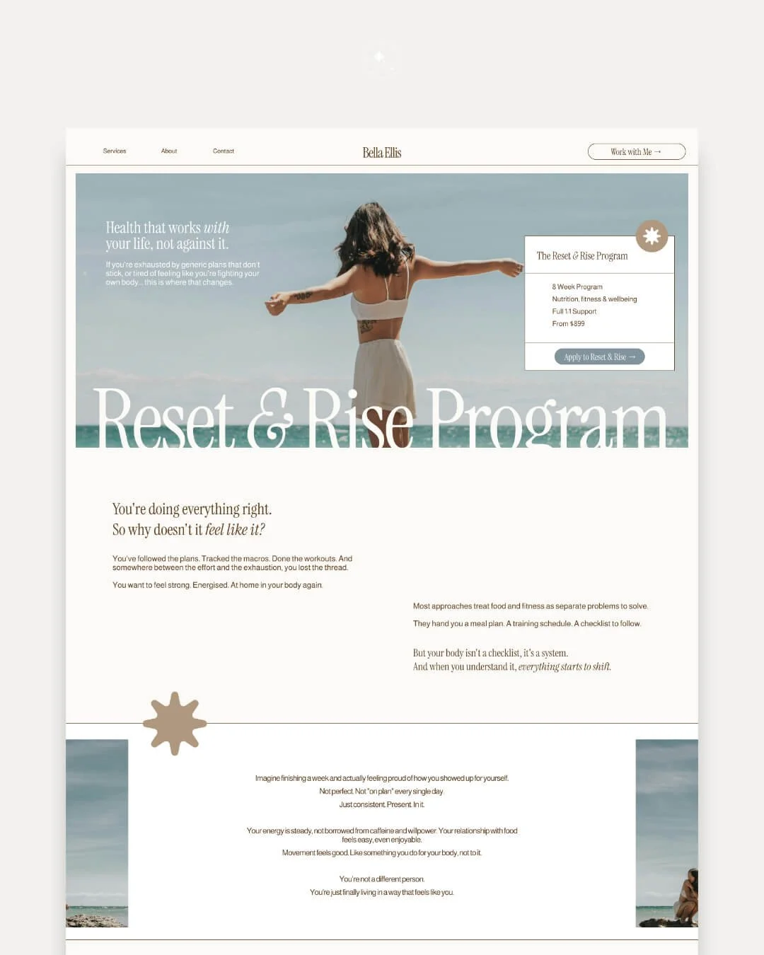 A woman standing on a beach with arms outstretched, facing the ocean, wearing a white top and beige shorts. The webpage is titled "Reset & Rise Program" by Bella Ellis, promoting health, fitness, and wellbeing with a focus on holistic body care.