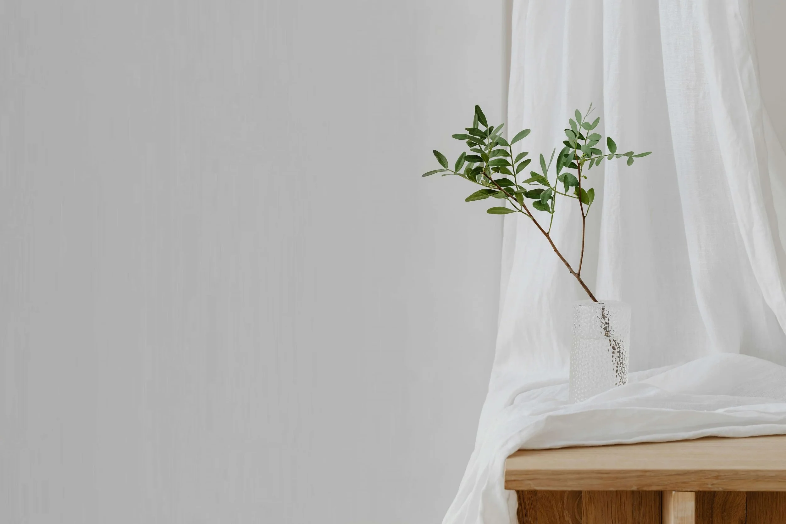A branch with green leaves in a glass vase on top of a wooden table, with white curtains in the background.