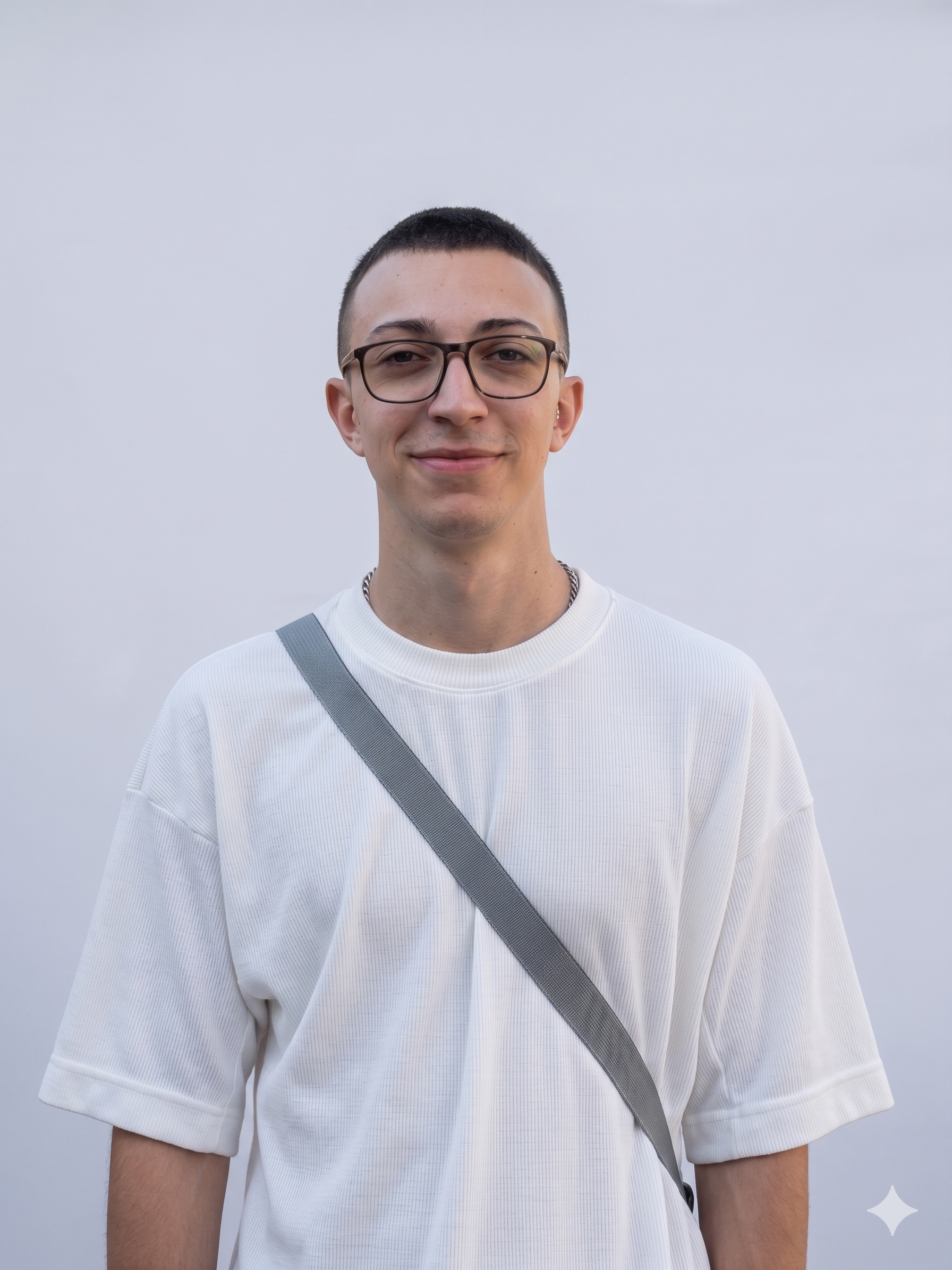 Joven con gafas, camiseta blanca y bolso cruzado sobre fondo gris.