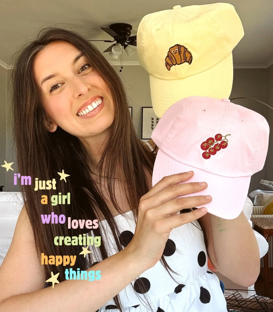 I love being creative and having a small business because it means I get to constantly try, play, and learn!  One of the ideas I have been wanting try was playful dad caps 🍅 

4 designs/colors launching at market tomorrow! 
🥐 🍅 🍦 🌟 

Which cap i