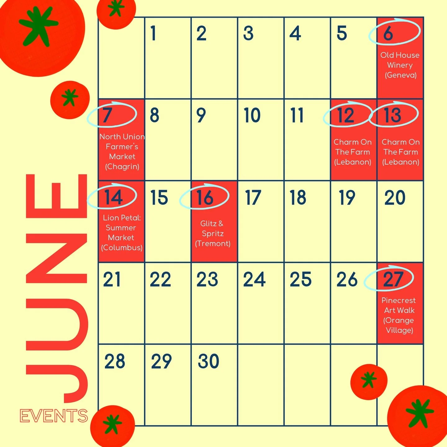 June events are here ✨🍅

Old House Winery Arts &amp; Crafts Days
@oldfirehousewinery 
Saturday, June 6th
12-6p
5499 Lake Road Geneva, OH
Outdoor and indoor
FREE

North Union Farmer&rsquo;s Market: Chagrin Falls
@northunionfarmersmarket 
Sunday, June