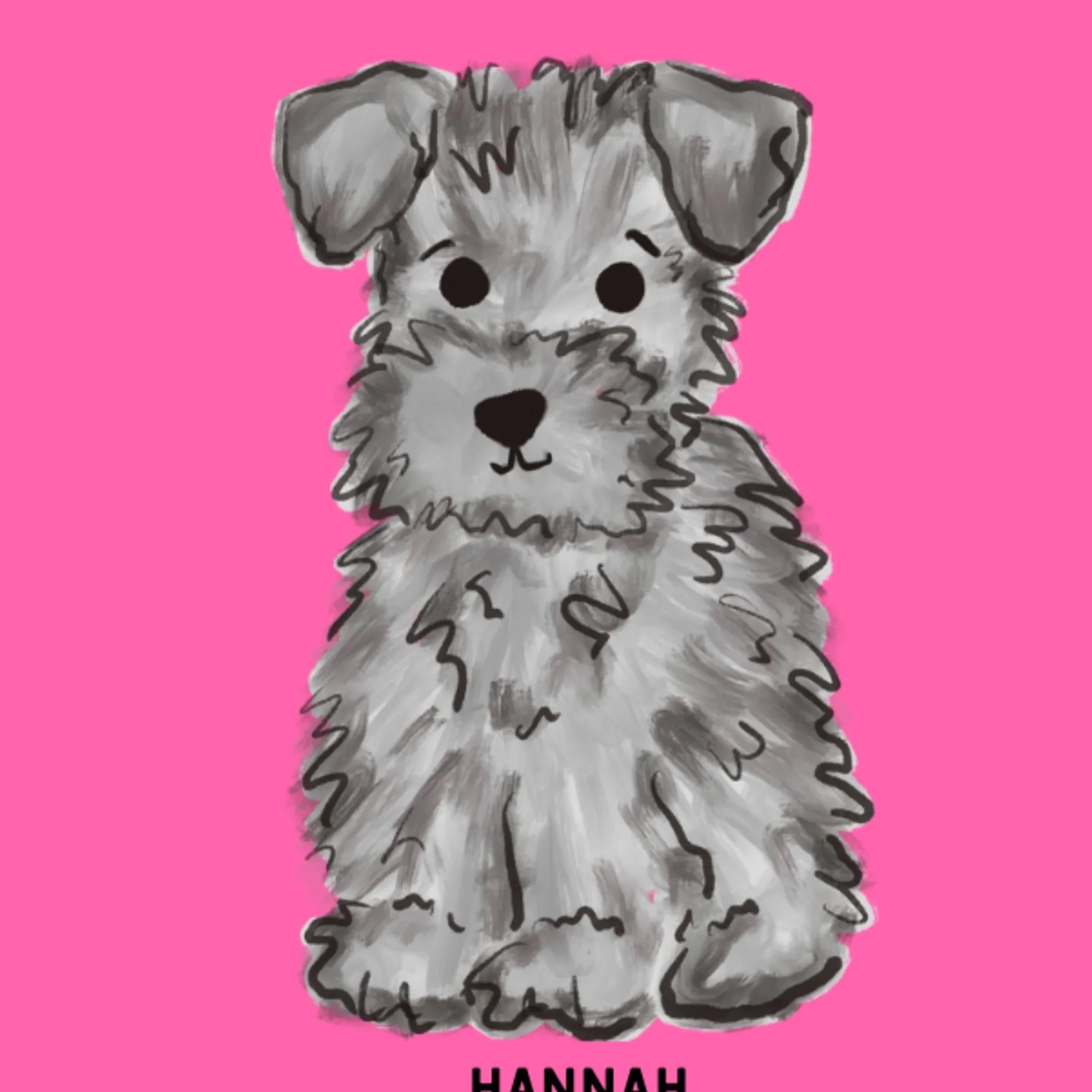 Drawing of a gray fluffy puppy with black eyes and nose, sitting against a pink background, with the name 'Hannah' below.