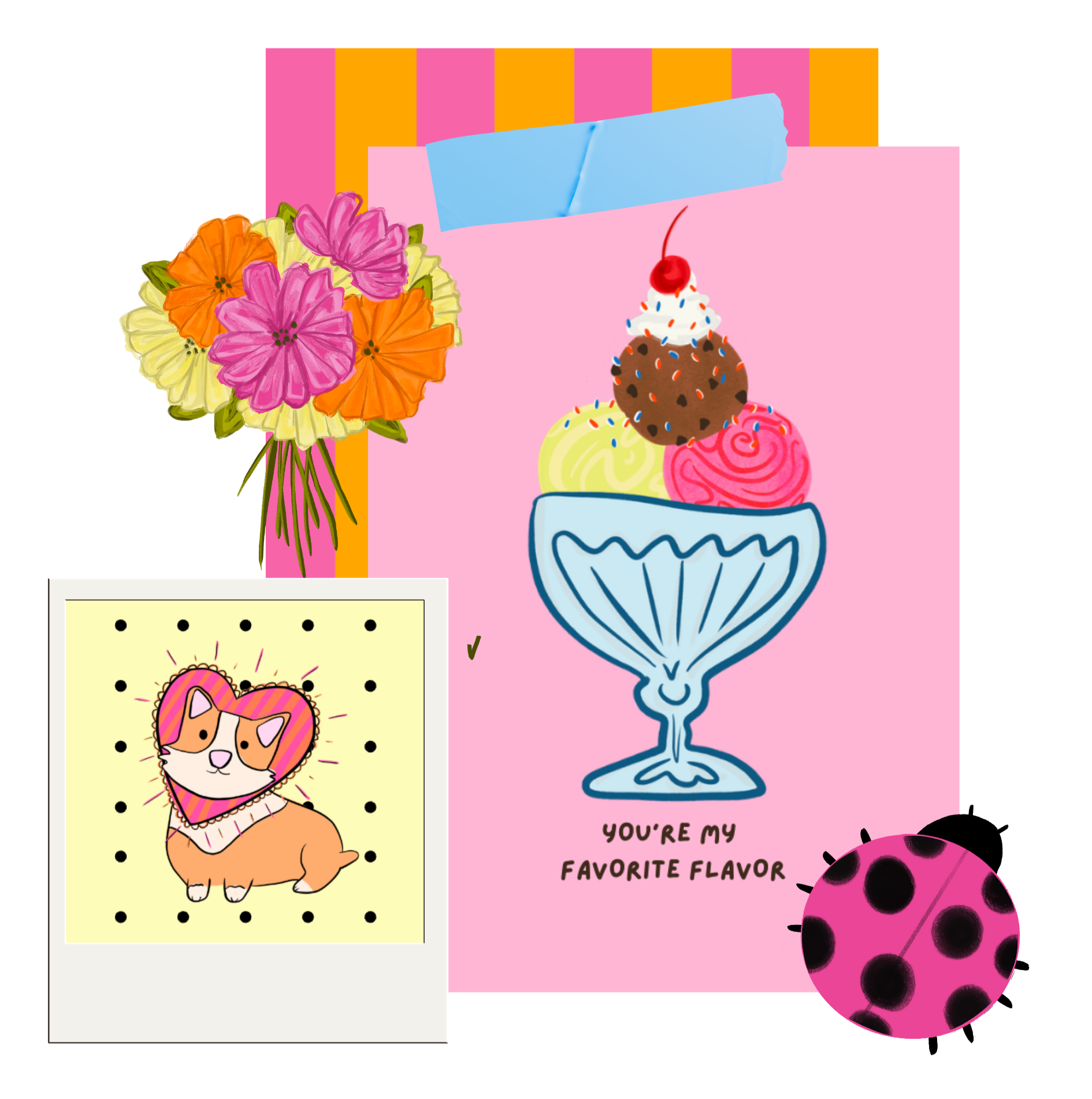 Colorful illustration featuring a bouquet of flowers with pink, orange, and yellow blooms, a sign with a cartoon dog and heart, a pink ladybug, and a greeting card with an ice cream sundae and the text 'You're my favorite flavor'.