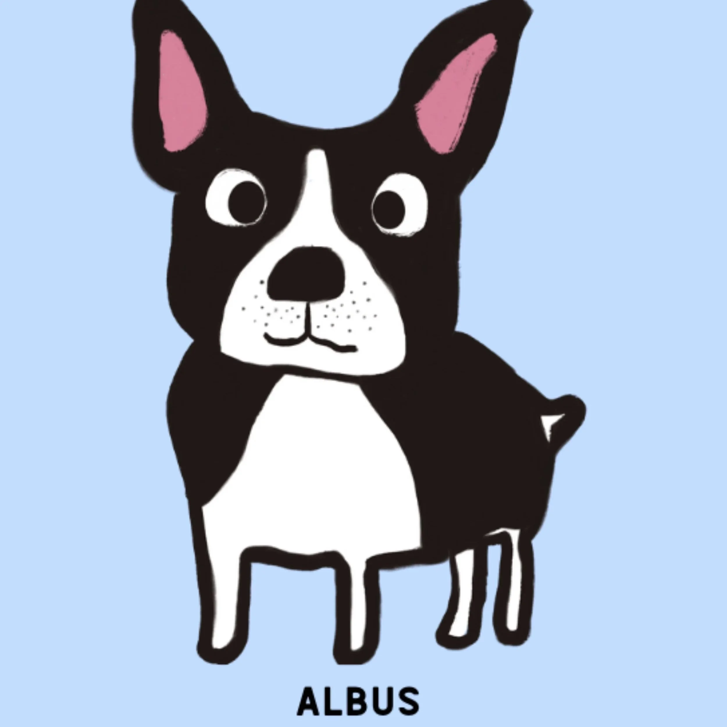 Illustration of a black and white French Bulldog named Albus with pink inside ears on a blue background.