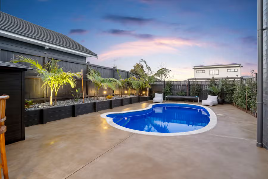 MK Pools Florida fibreglass pool with smooth curves, compact layout, and easy-access design — installation by MK Pools in New Zealand.