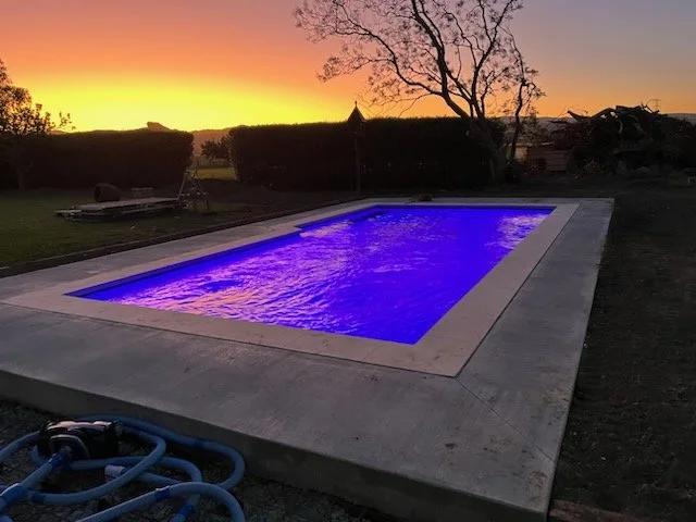 A rectangular swimming pool illuminated with blue lights outside during sunset, with a tree and shrubs in a backyard setting.