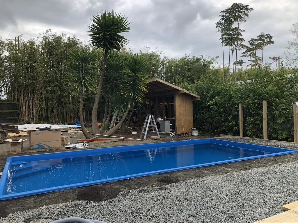 A small backyard with a blue swimming pool, a wooden shed, tall trees, palm-like plants, and a cloudy sky.