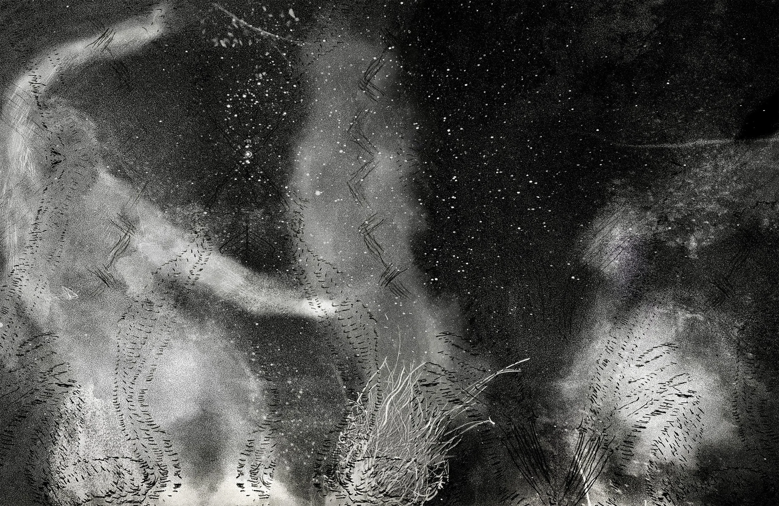 Layered campfire photograph and drawing showing blurred forest forms and body outlines, black and white