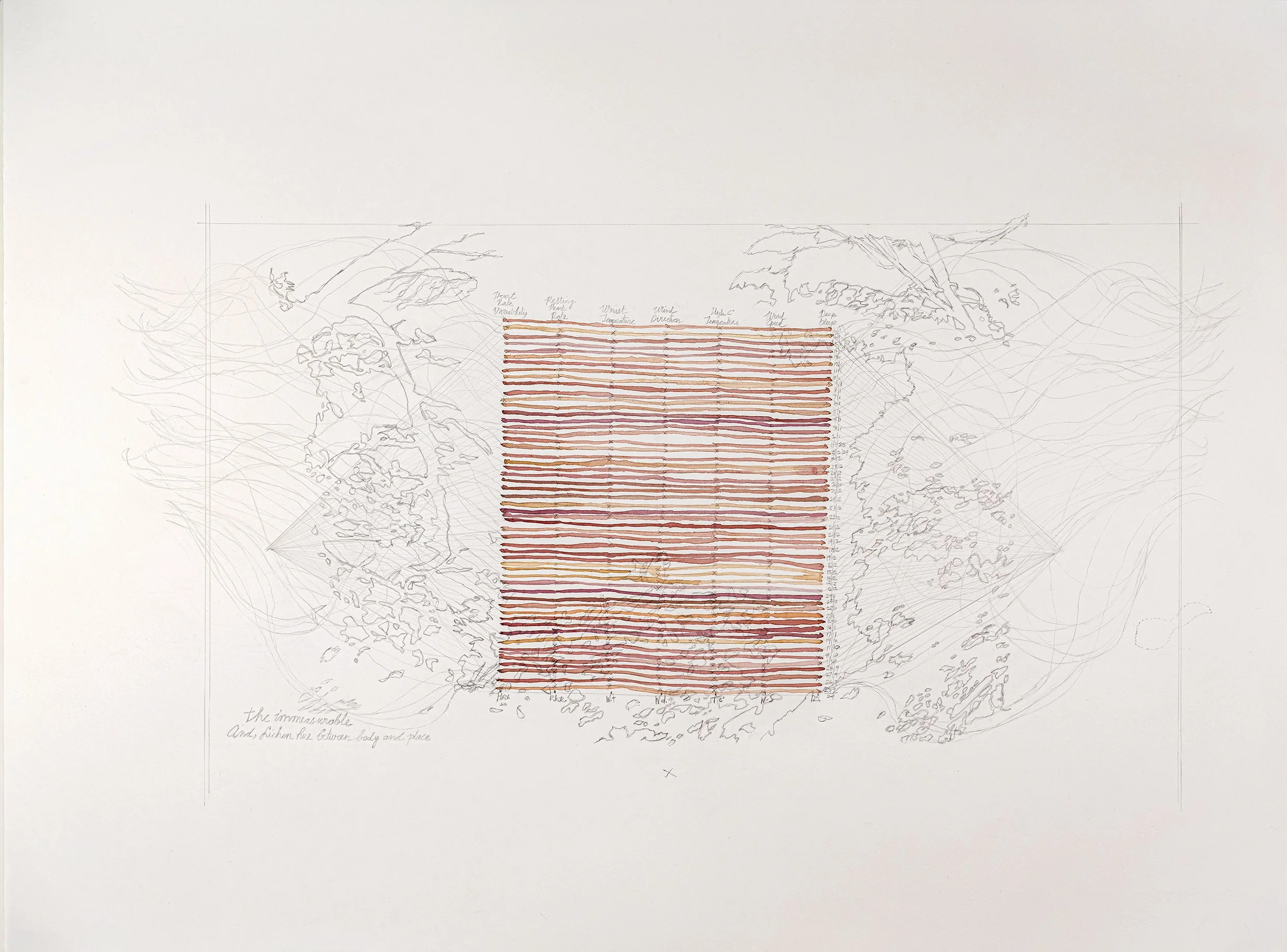 Waters’ Colour Calendar: An Atlas of Measured Unknowing
2025

This work draws on fifty four days of readings translated through lichen dye made by long fermentation in chamber lye. Hue becomes a bioindicator, or litmus, of time in this place.

Outlin