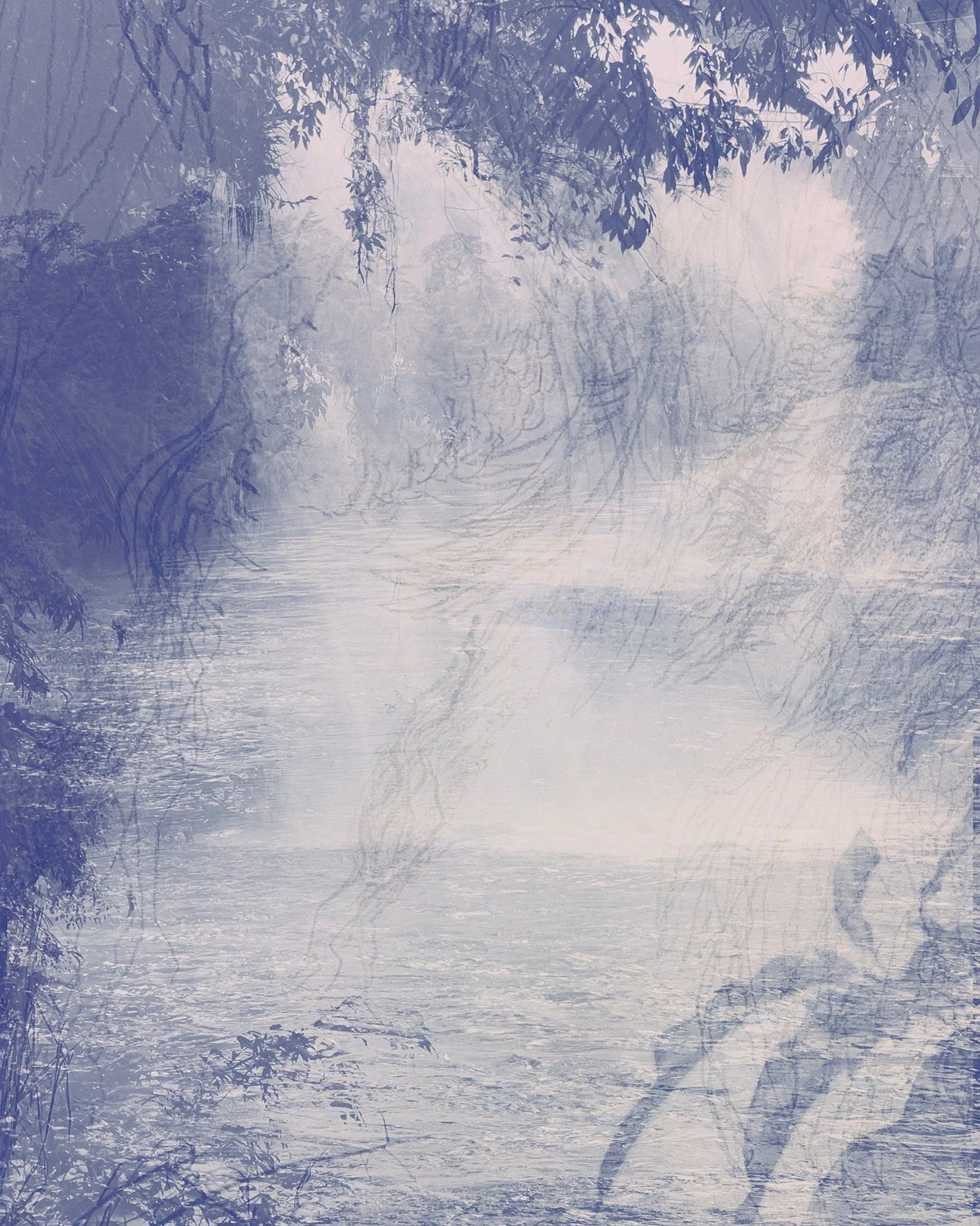 overlayed images of water and waterfalls and graphite gestural marks