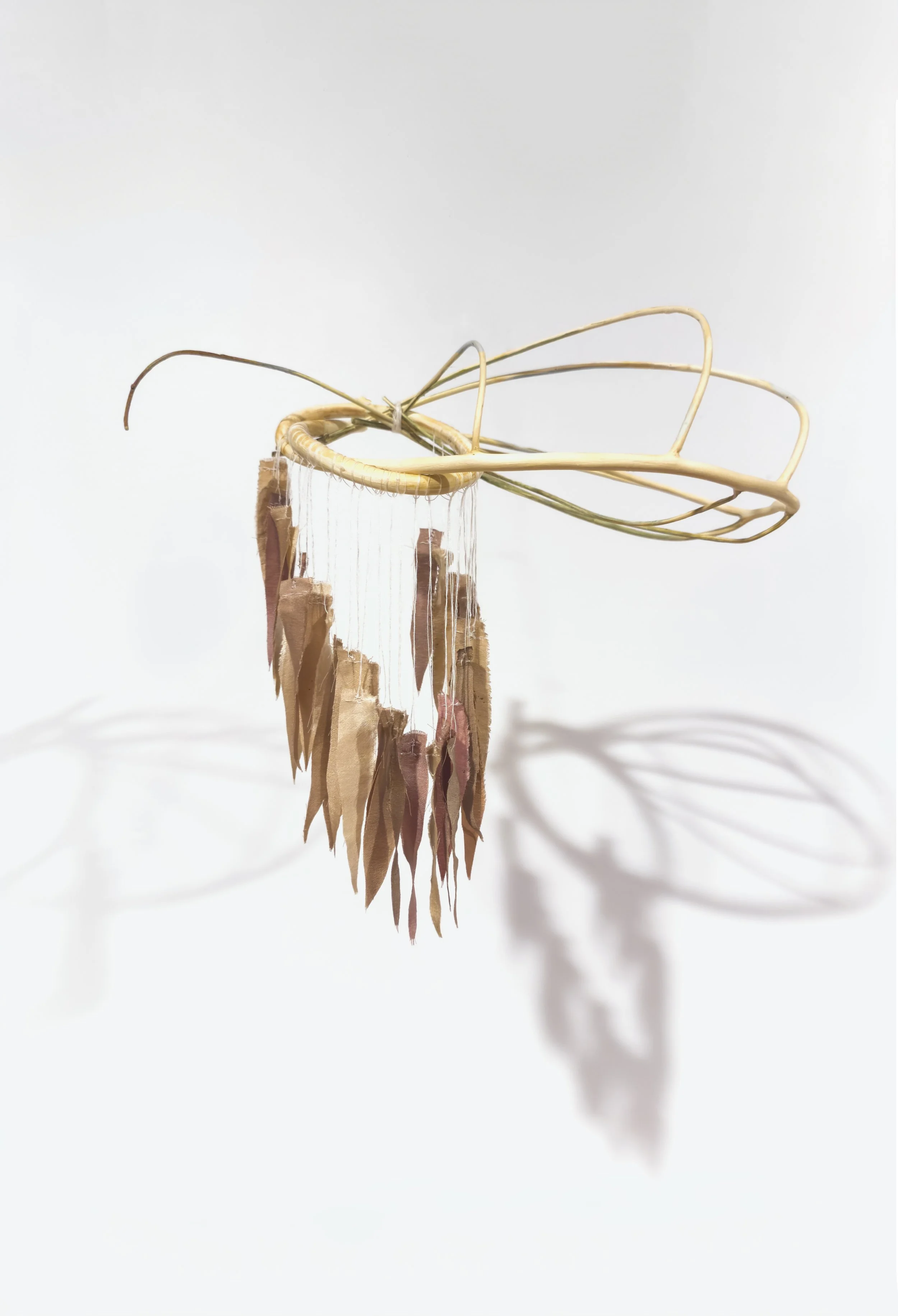 Clewe
2025–2026

A portable compass-form made from hand-bent garden elm suckers and lichen-dyed silk. The silk is cut into compass points oriented toward the earth, while thread lengths map lunar illumination across the month.

The dyes were fermente