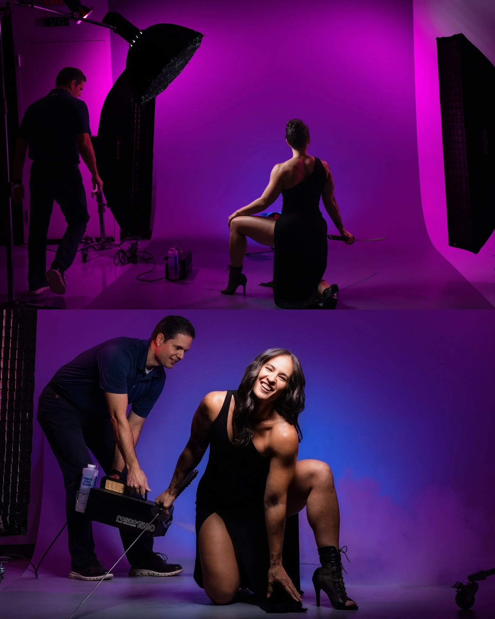 A photoshoot setup with a woman in a black dress and high heels posing on a purple-lit backdrop, assisted by a crew member. In a separate shot, the same woman, now smiling and wearing a black dress with high heels, interacts with a crew member holding a lighting or equipment device against a blue-lit background.