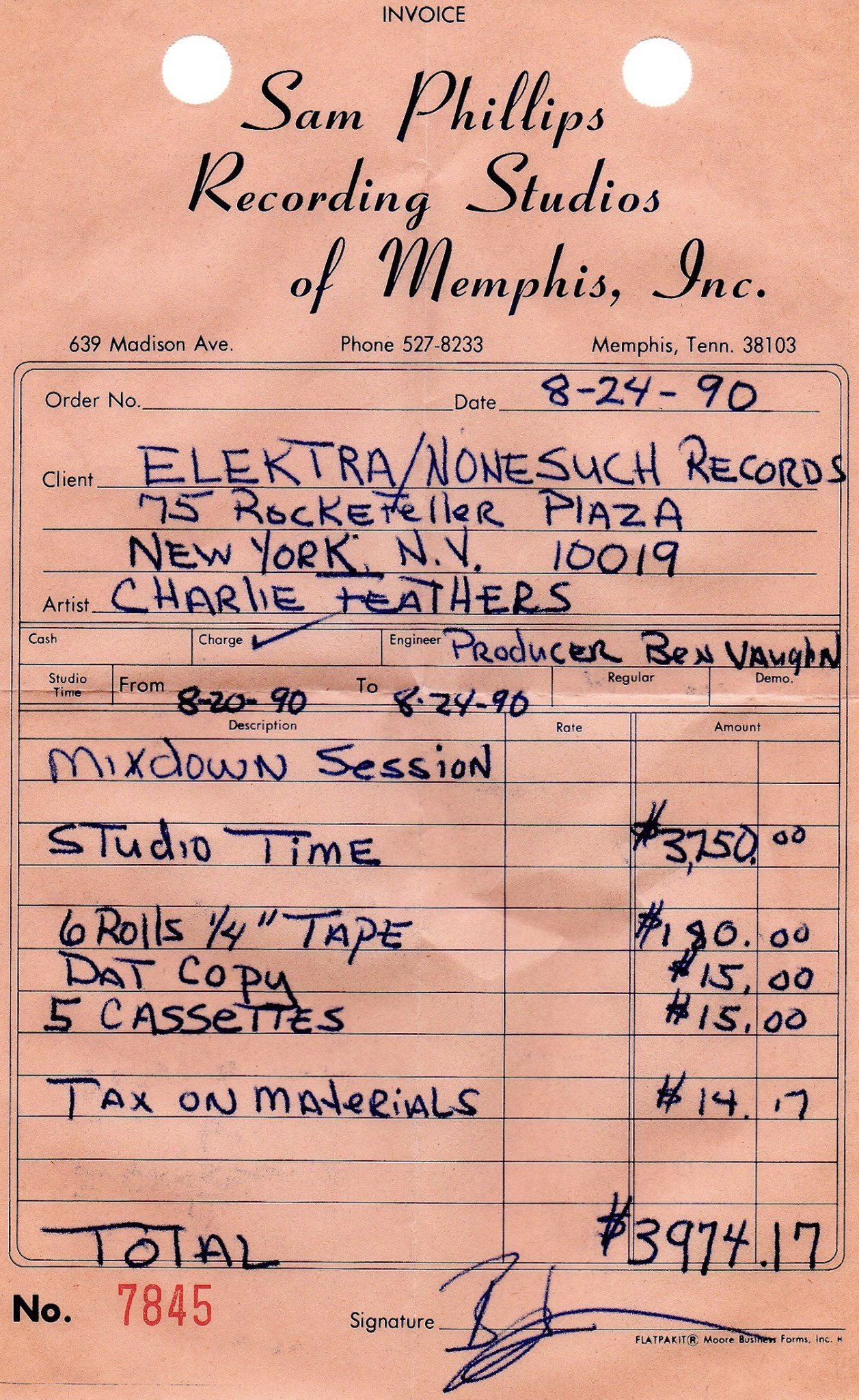 Receipt for studio fees at Sam Phillips Recording