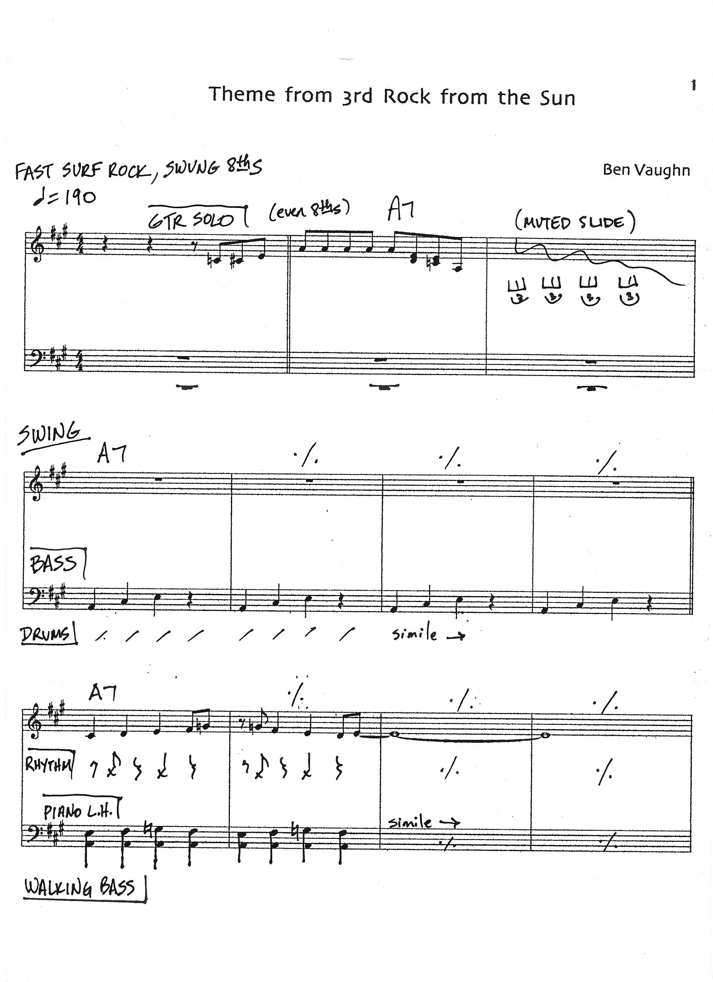 The swinging eighth notes of The 3rd Rock Theme notated for the Emmys