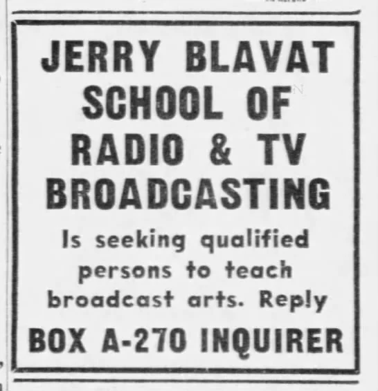 Help Wanted! An ad for The Geator's broadcasting school, 1967 or 1968, The Philadelphia Inquirer