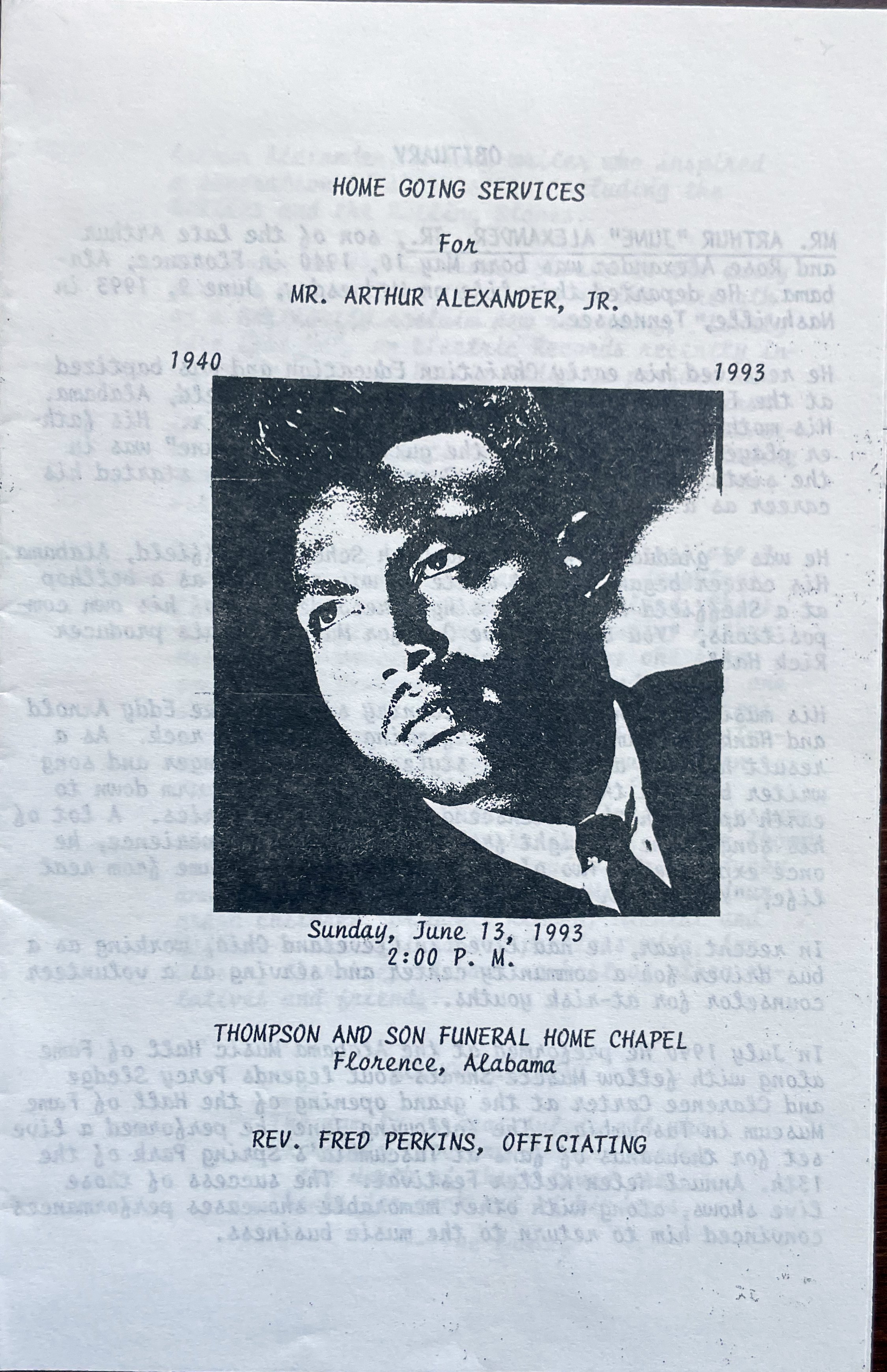 The program for Arthur Alexander's Going Home Services