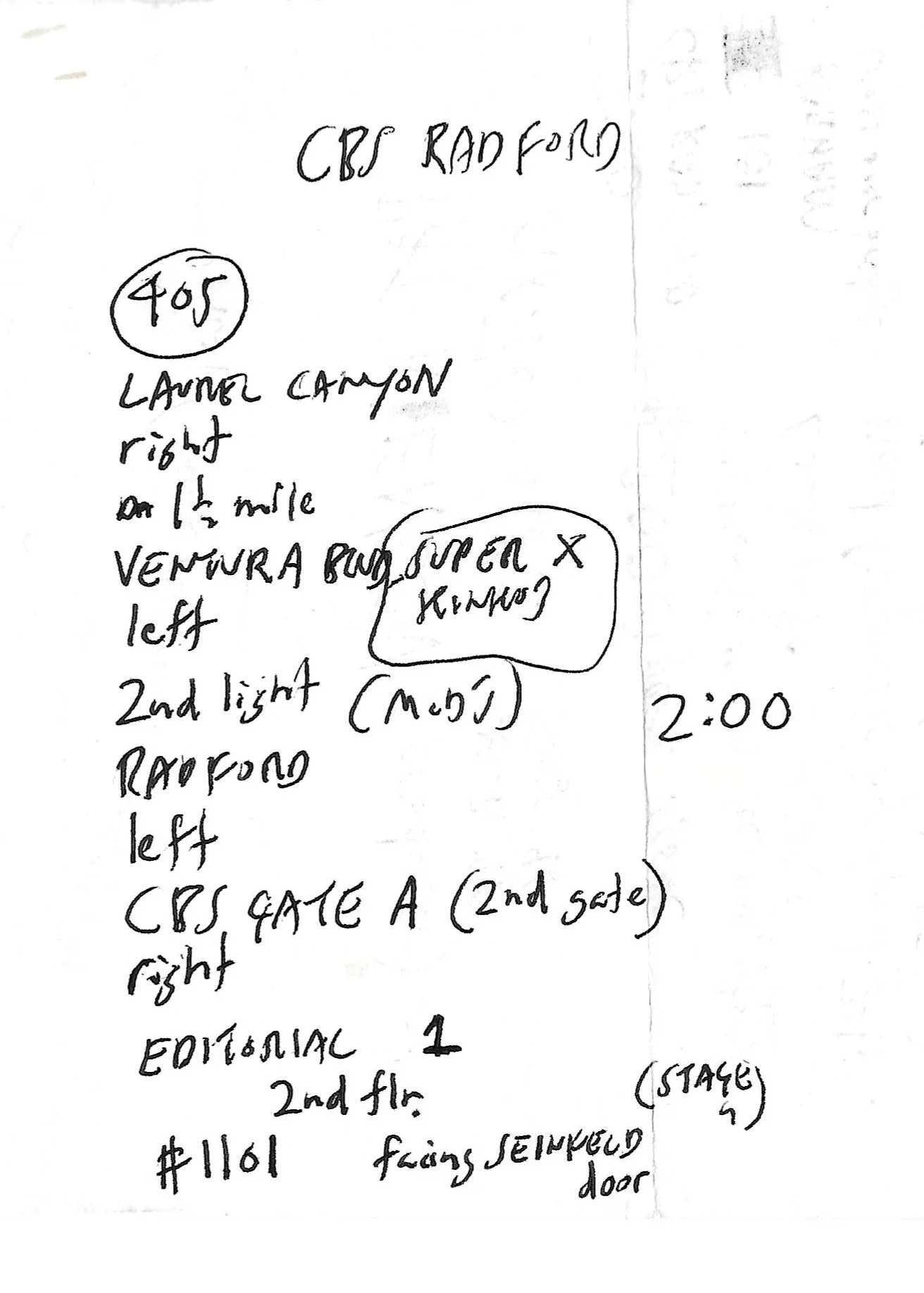 Ben's handwritten directions to the CBS Radford lot for his first TV meeting