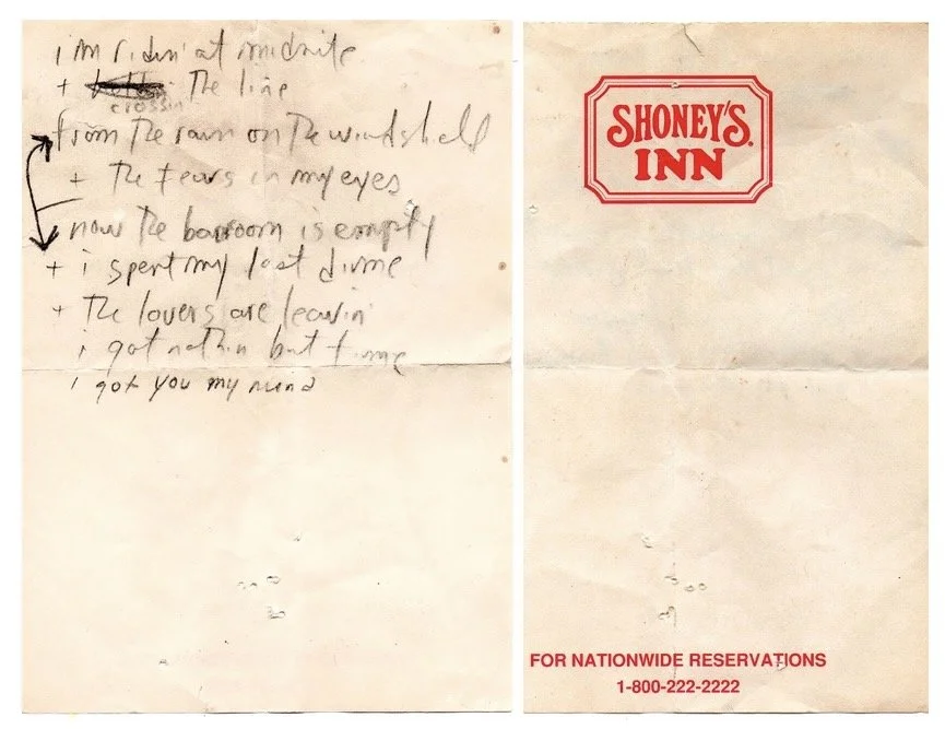 Handwritten lyrics to "Japanese Cowboy" by Ween on Shoney's Inn stationary