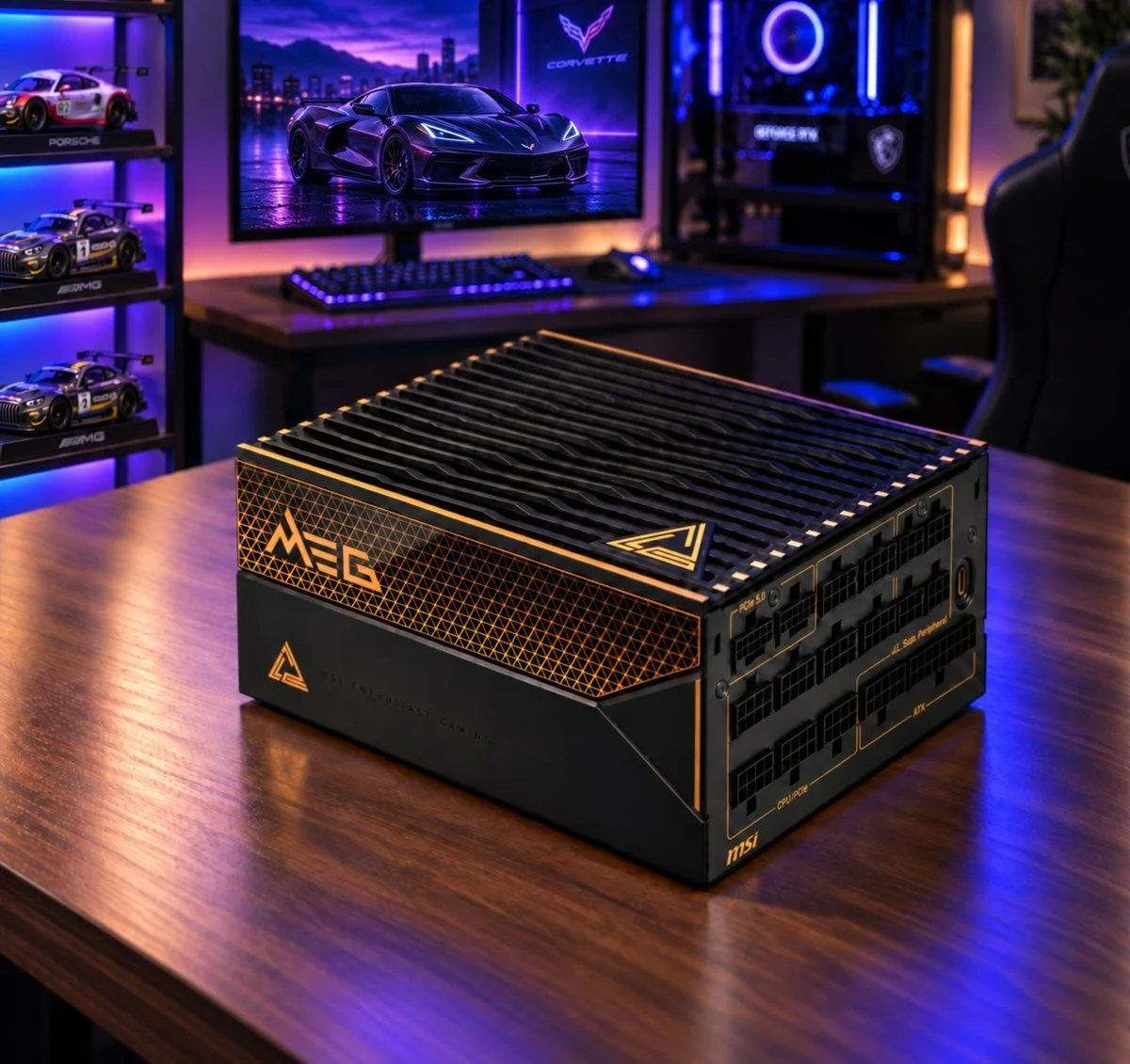 MSI MEG Ai1600T power supply on a desk in front of a gaming PC
