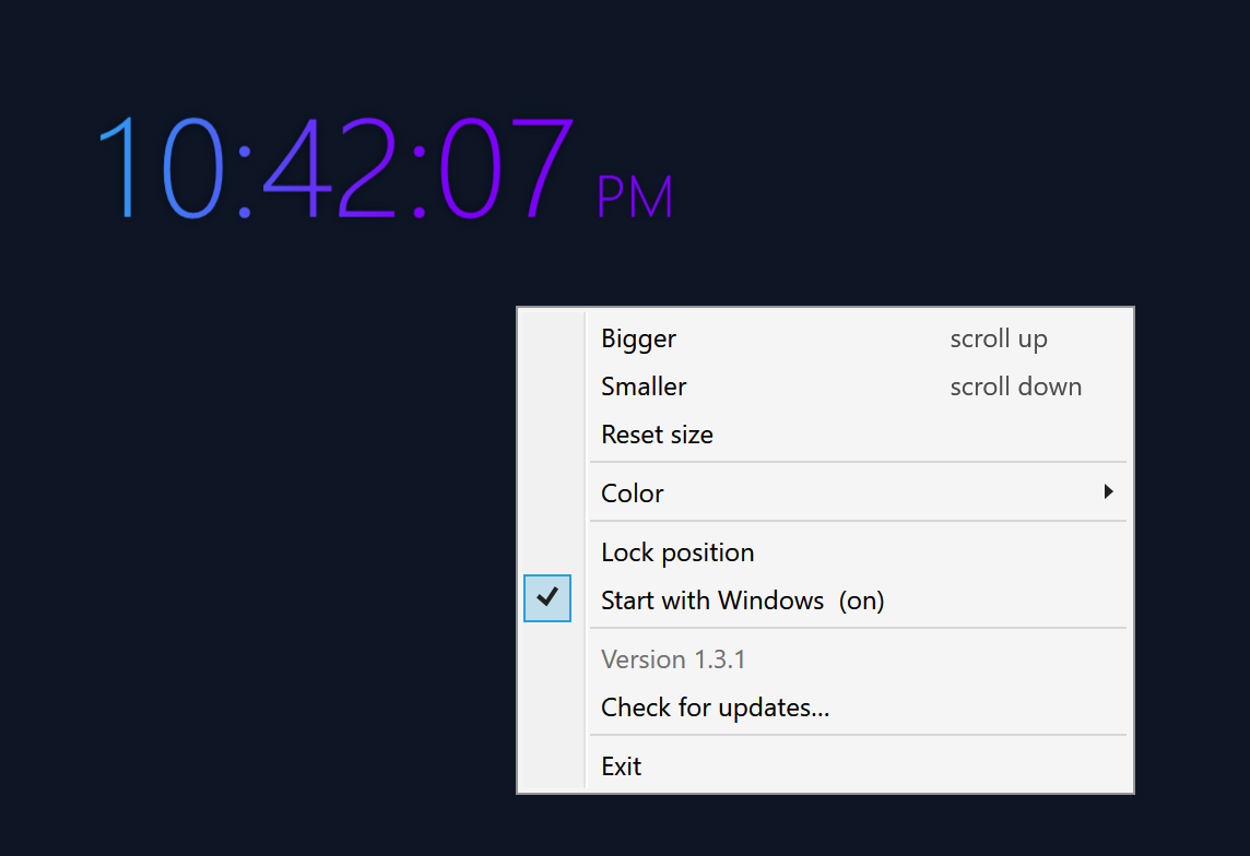 The DLB Precision Desktop Clock right-click menu with Bigger, Smaller, Reset size, Color, Lock position, Start with Windows, Version 1.3.1, Check for updates and Exit