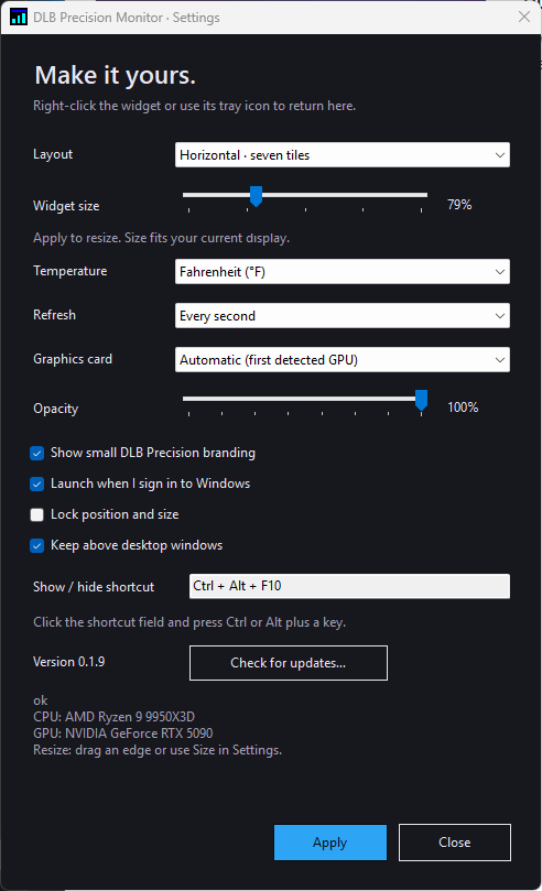DLB Precision Monitor Settings window with layout, widget size, temperature, refresh, graphics card, opacity and startup options