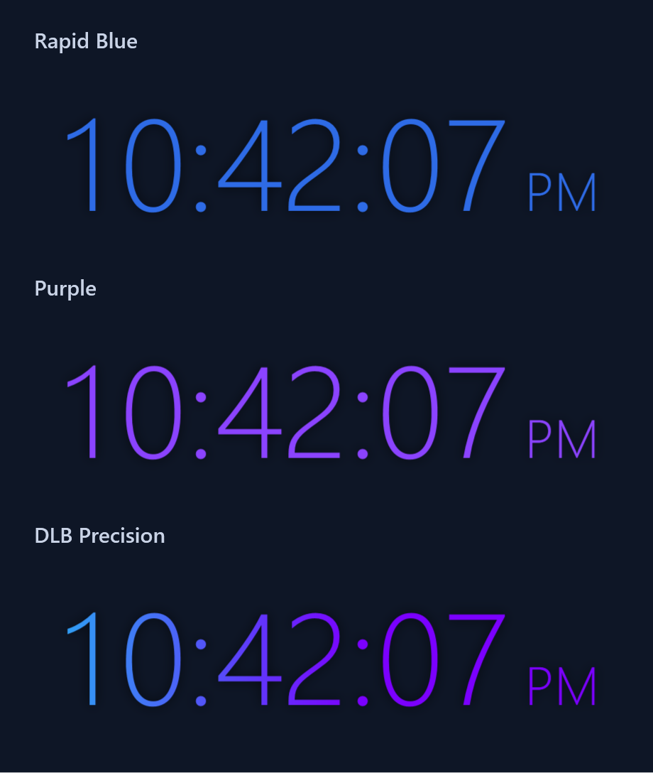 The clock in its three colors: Rapid Blue, Purple and DLB Precision