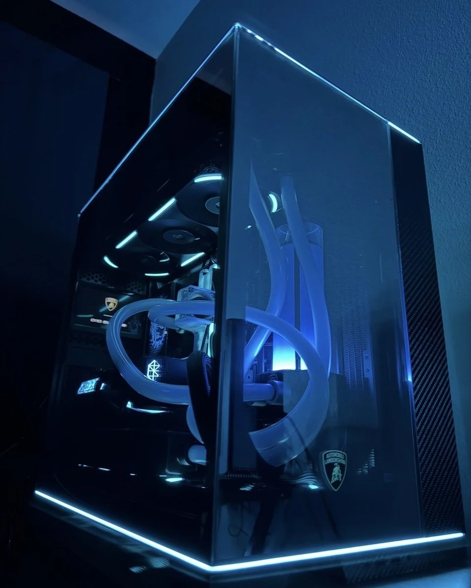 The Lamborghini, a hardline custom-loop sim racing PC in a Lian Li Automobili Lamborghini Edition case, built by DLB Precision
