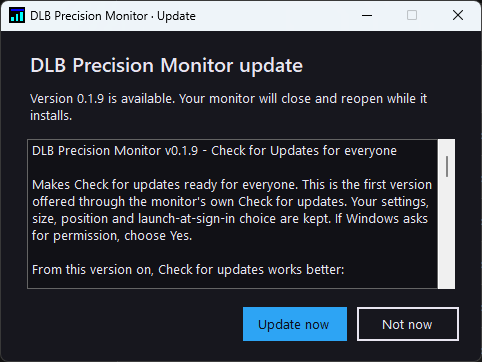 DLB Precision Monitor update window offering version 0.1.9 with its release notes and an Update now button