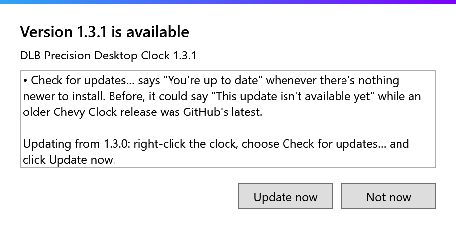 DLB Precision Desktop Clock update window offering version 1.3.1 with its release notes and an Update now button