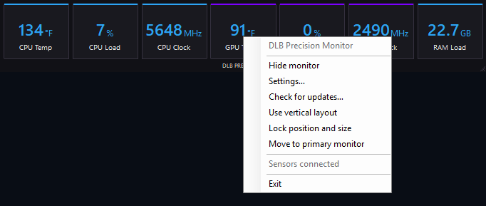 The DLB Precision Monitor right-click menu with Hide monitor, Settings, Check for updates, Use vertical layout, Lock position and size, and Move to primary monitor