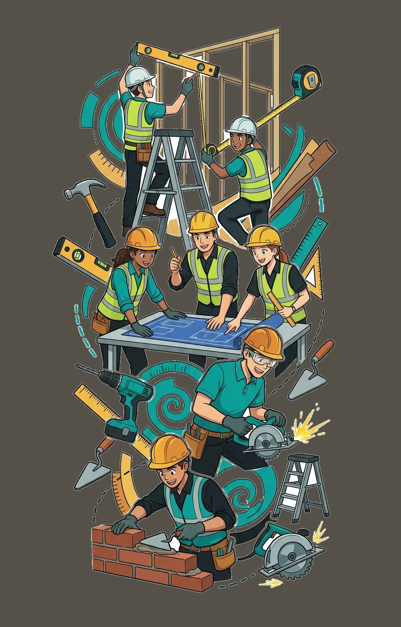 Illustration of construction workers building a wall with bricks. They are using various tools and equipment such as hammers, saws, measuring tapes, and levels. The workers are wearing safety gear including helmets and vests, and are engaged in different tasks like measuring, cutting, and laying bricks.