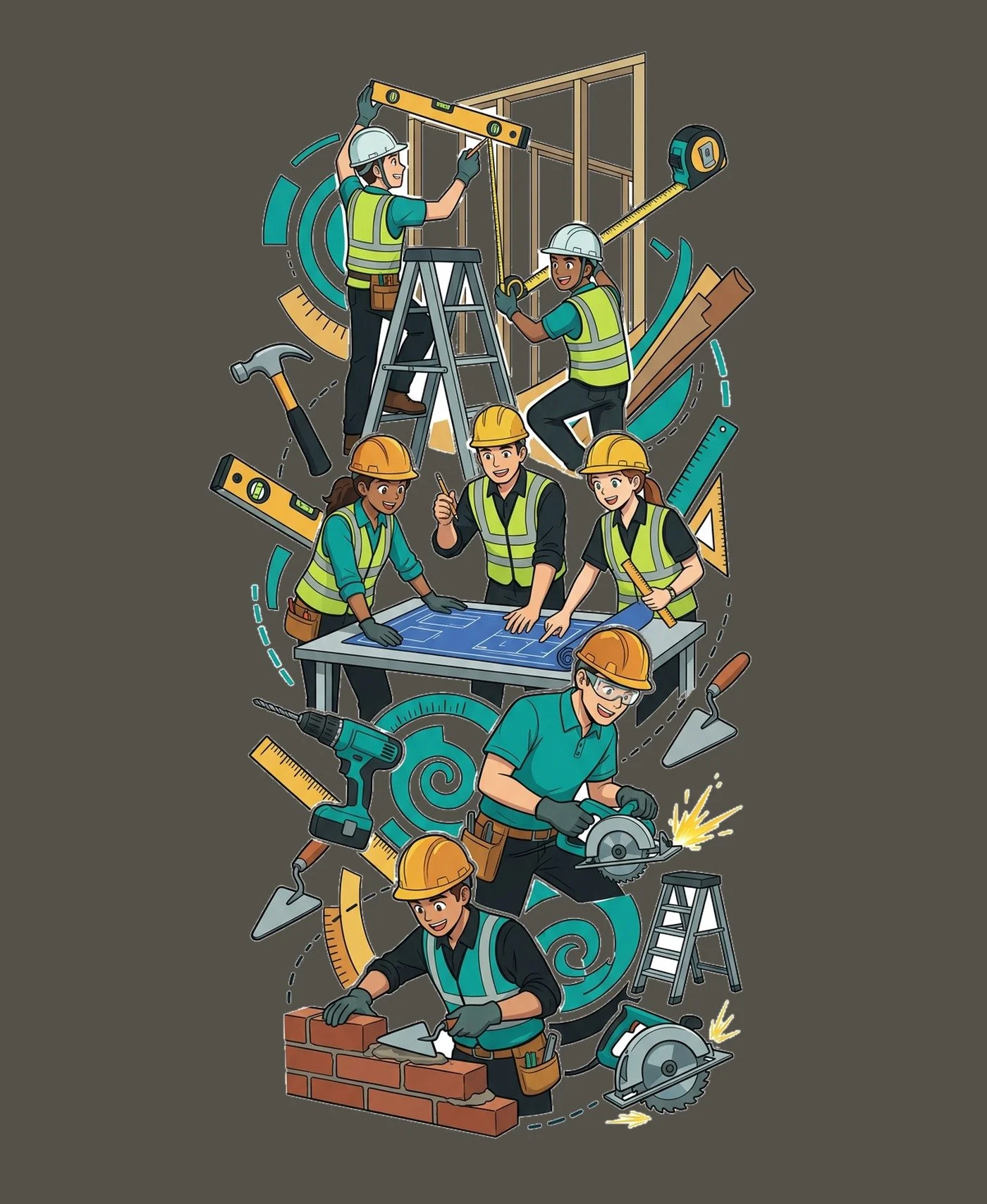 Illustration of construction workers building a house, including framing, blueprint planning, bricklaying, and using power tools.