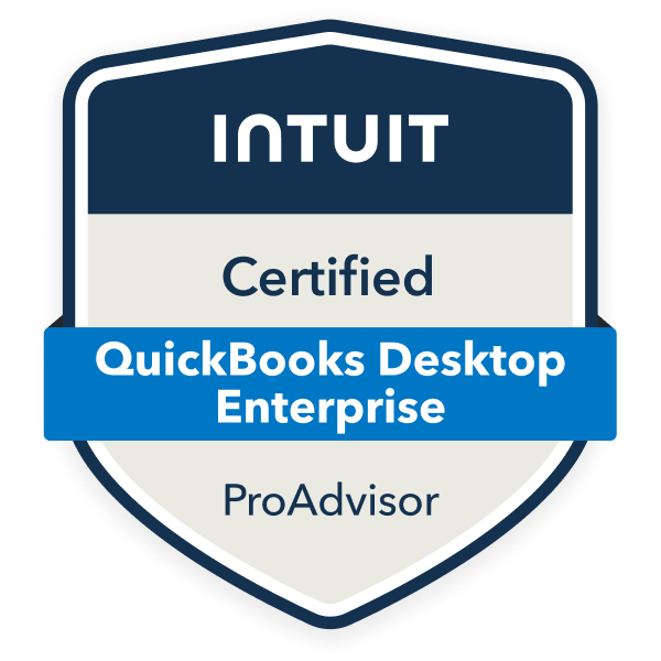 Shield-shaped badge with the word 'INTUIT' at the top, 'Certified' in the middle, and 'ProAdvisor' at the bottom. Blue banner across the middle reads 'QuickBooks Desktop Enterprise'.