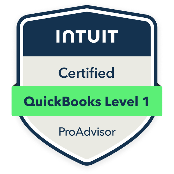 Shield-shaped badge with the Intuit logo at the top, the words 'Certified' and 'ProAdvisor', and a green banner across the middle that says 'QuickBooks Level 1'.