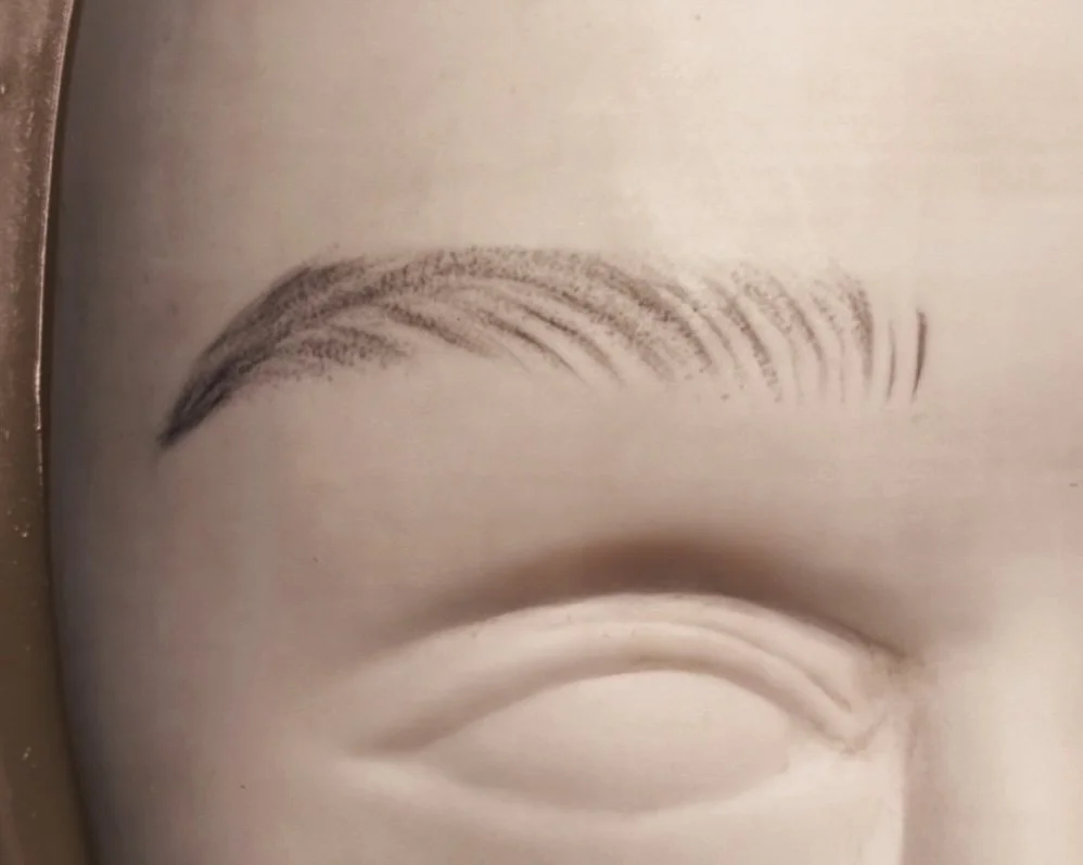 Close-up of a sculpted mannequin face showing detailed eyebrow tattoo.