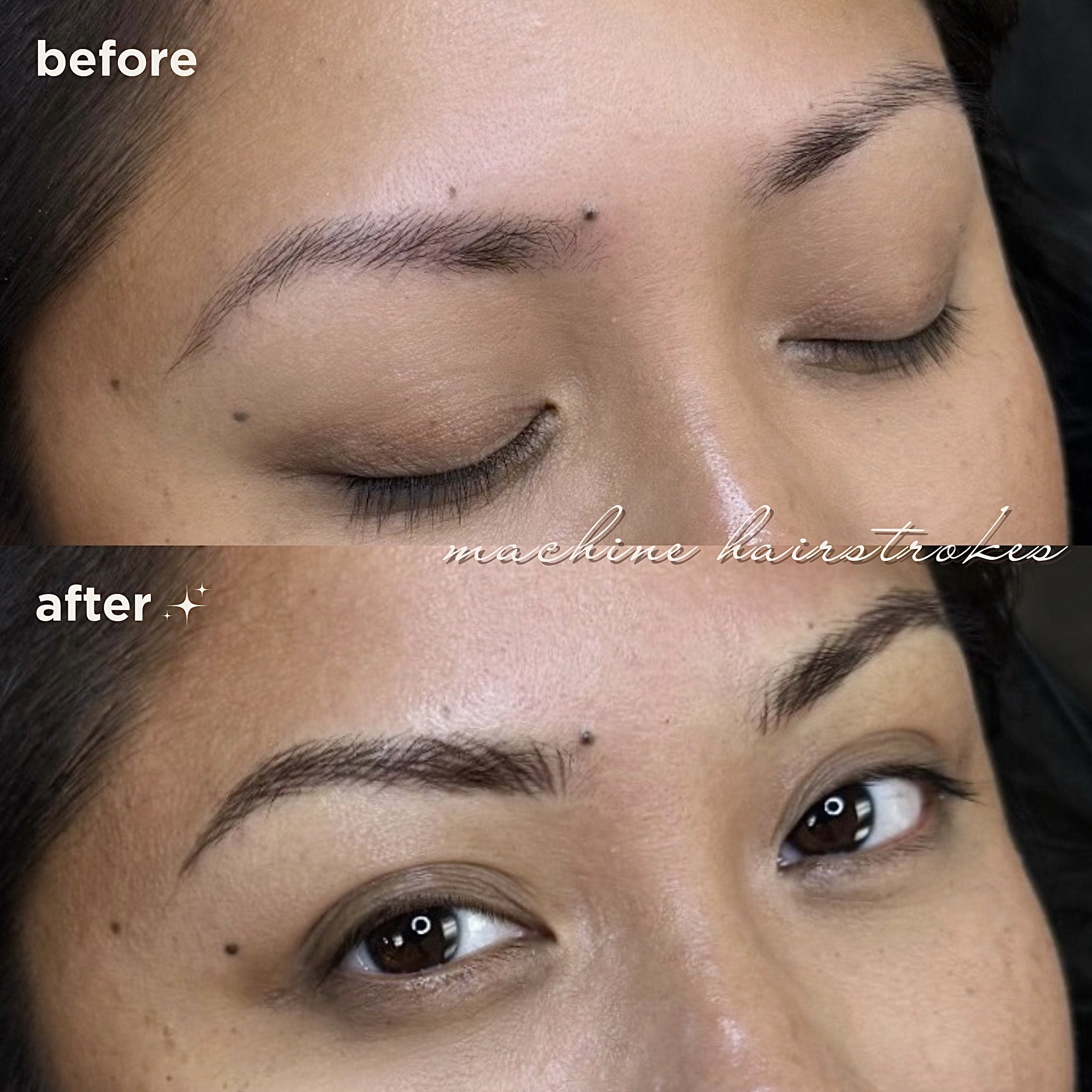 Close-up comparison image showing eyebrows before and after nano brow machine hair strokes tattoo. The top section labeled 'before' shows natural, sparse eyebrows. The bottom section labeled 'after' shows filled-in, well-shaped, darker eyebrows.