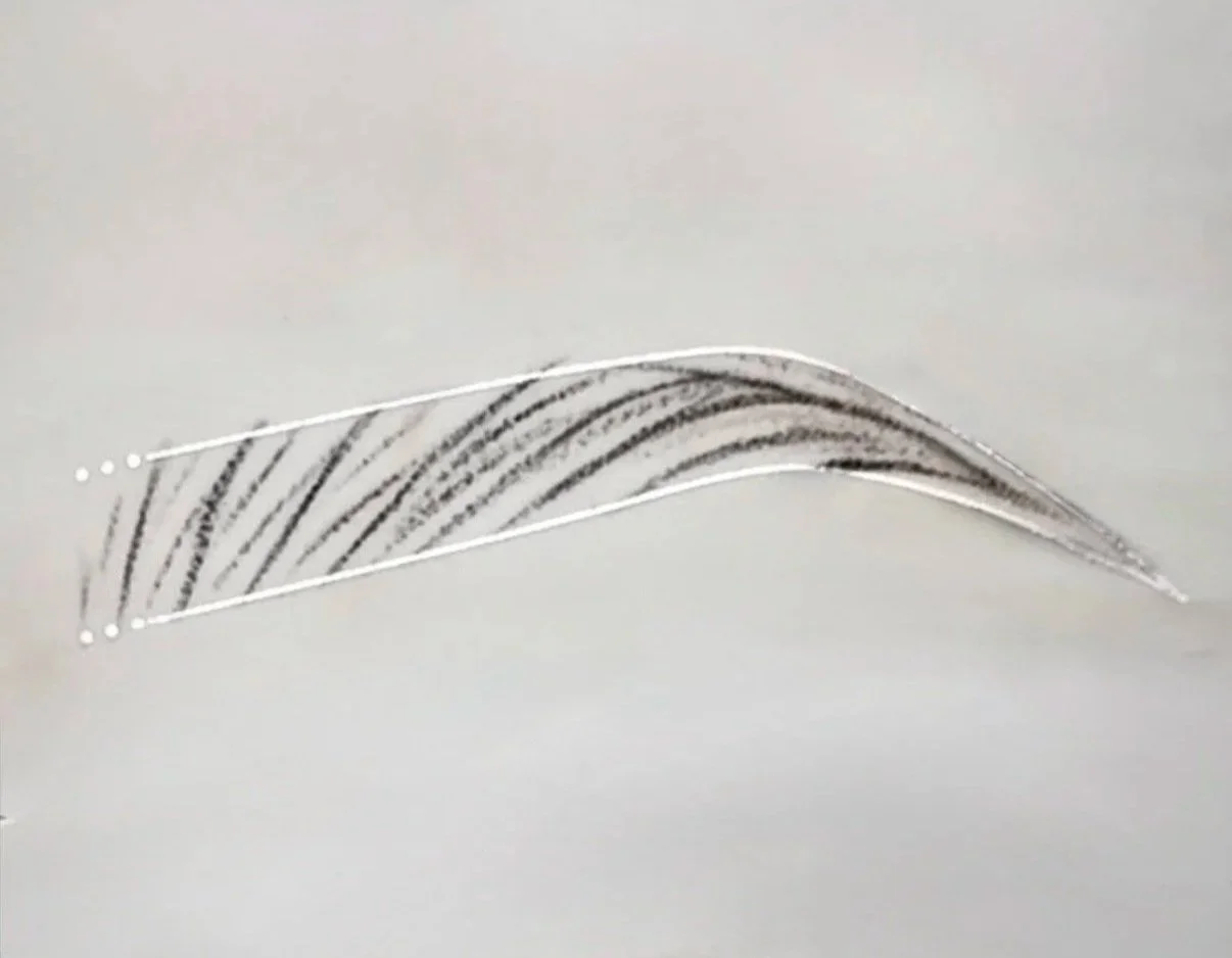 Nano brow machine hair strokes permanent makeup tattoo on light-colored latex, intended for practice.