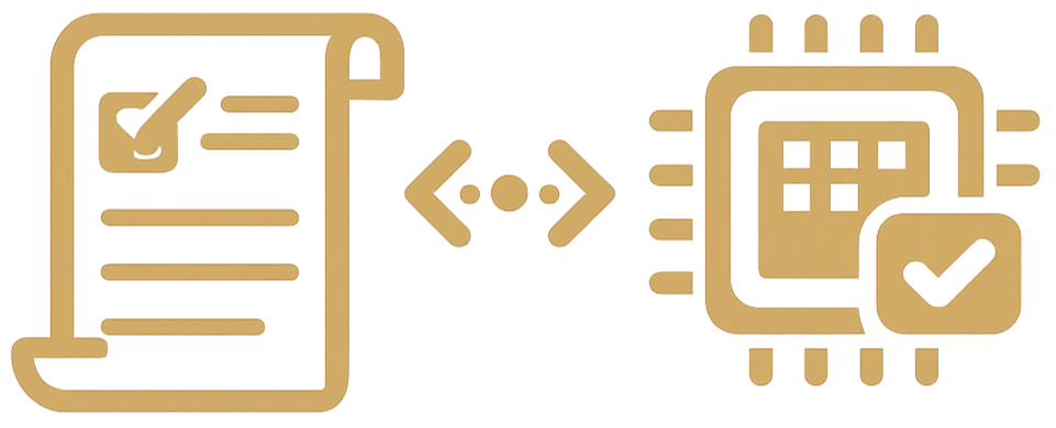 Icon of a clipboard with checkmarks, coding brackets, and a tablet with a checklist, representing software independence.