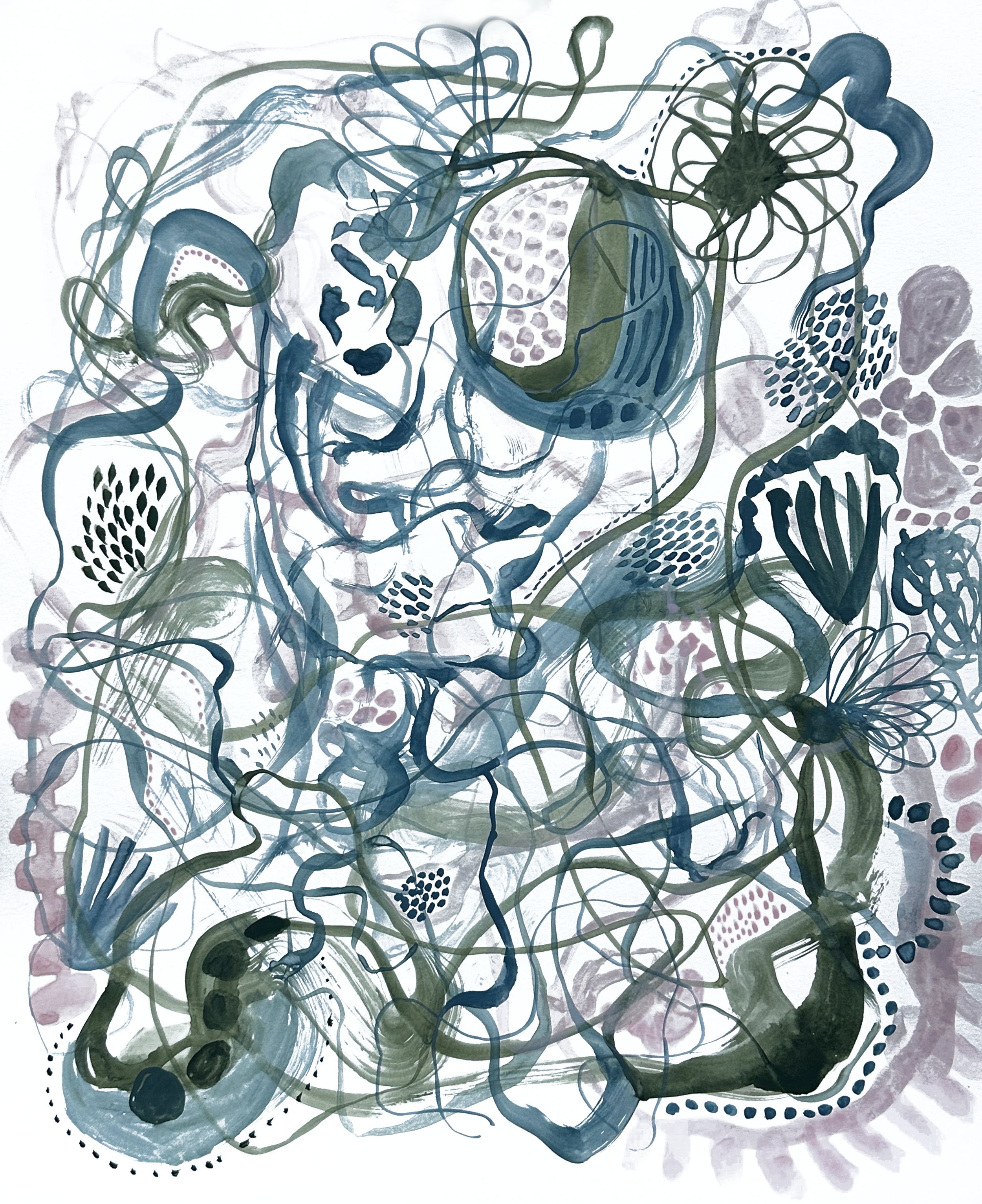 An abstract watercolor painting with curving lines, shapes, and patterns in shades of blue, green, purple, and gray.